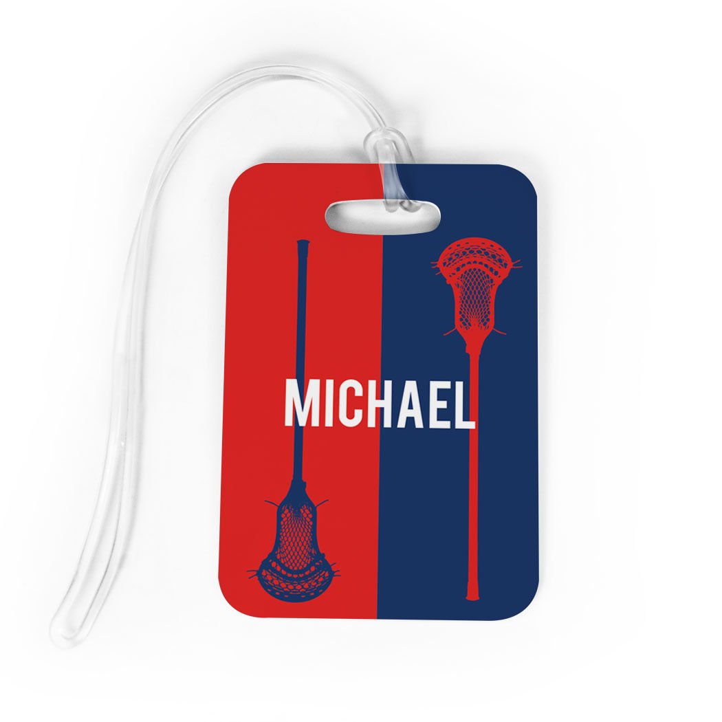 Personalized Vertical Lacrosse Stick Luggage Tag for Men - Custom Lacrosse Bag Tag with Standard Lines on Back - Medium Size in Red/Navy - Perfect for Travel, Sports Gear & Team Identification