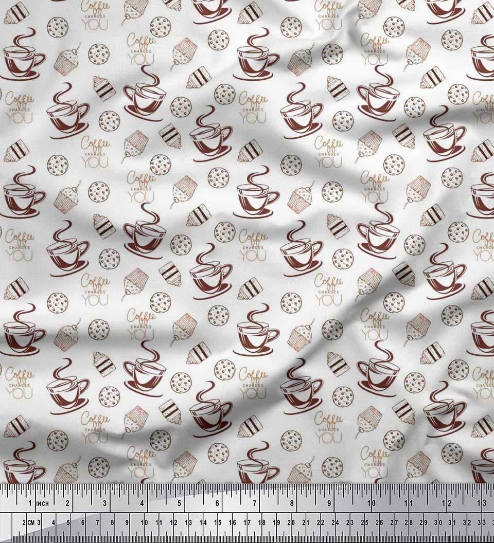 Soimoi 100% Cotton Poplin Fabric - White Coffee, Cookies & Cupcakes Print - 56