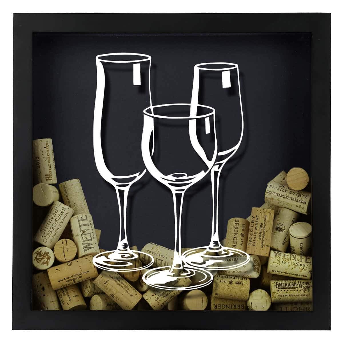 Torched Three Wine Glasses Shadow Box Display - Wall Mounted Wine Cork Holder & Hanging Decor for Wine Lovers - Perfect Gift for Men and Women - Ideal for Home Bar, Dining Room, or Wine Cellar Decor