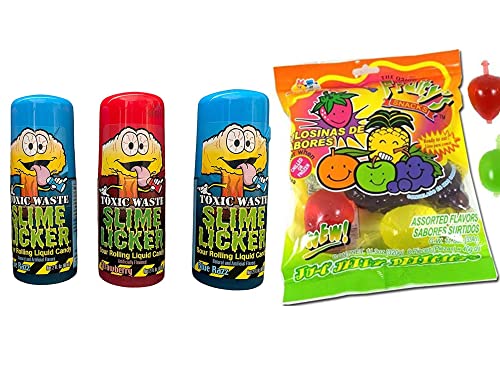 2-Pack Sour Rolling Liquid Candy Slime Licker Bundle - 1 Strawberry, 2 Blue Razz & 1 Din Don Fruity's JU-C Jelly Fruit Snacks | Fun Party Favors, Classroom Rewards & Kids Treats for Birthdays & Halloween