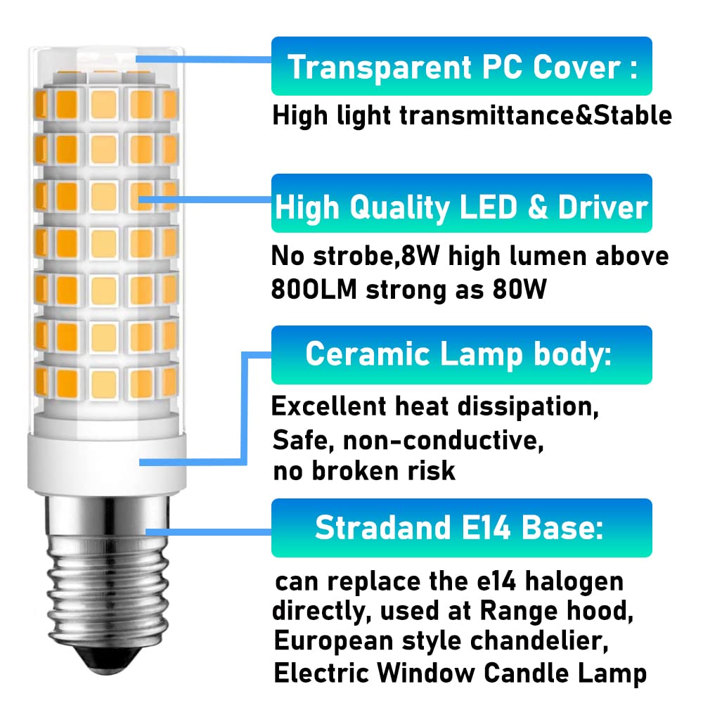 2-Pack E14 LED Bulb 8W Warm White 3000K - European Base Refrigerator & Oven Light for Whirlpool RBD305PVS02, Cooker Hood Bulb 4173175 & 4174189 - 80W Equivalent AC120V - Perfect for Kitchen Appliances & Home Lighting