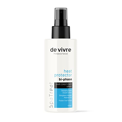 De Vivre Bi-Phase Heat Protectant Spray for Hair Straighteners & Styling | Leave-In Conditioner with Pro-Vitamin B5 & Wheat Protein | Paraben & Mineral Oil Free (100ml) | Prevents Heat Damage for Smooth, Shiny Hair at Home & Salon