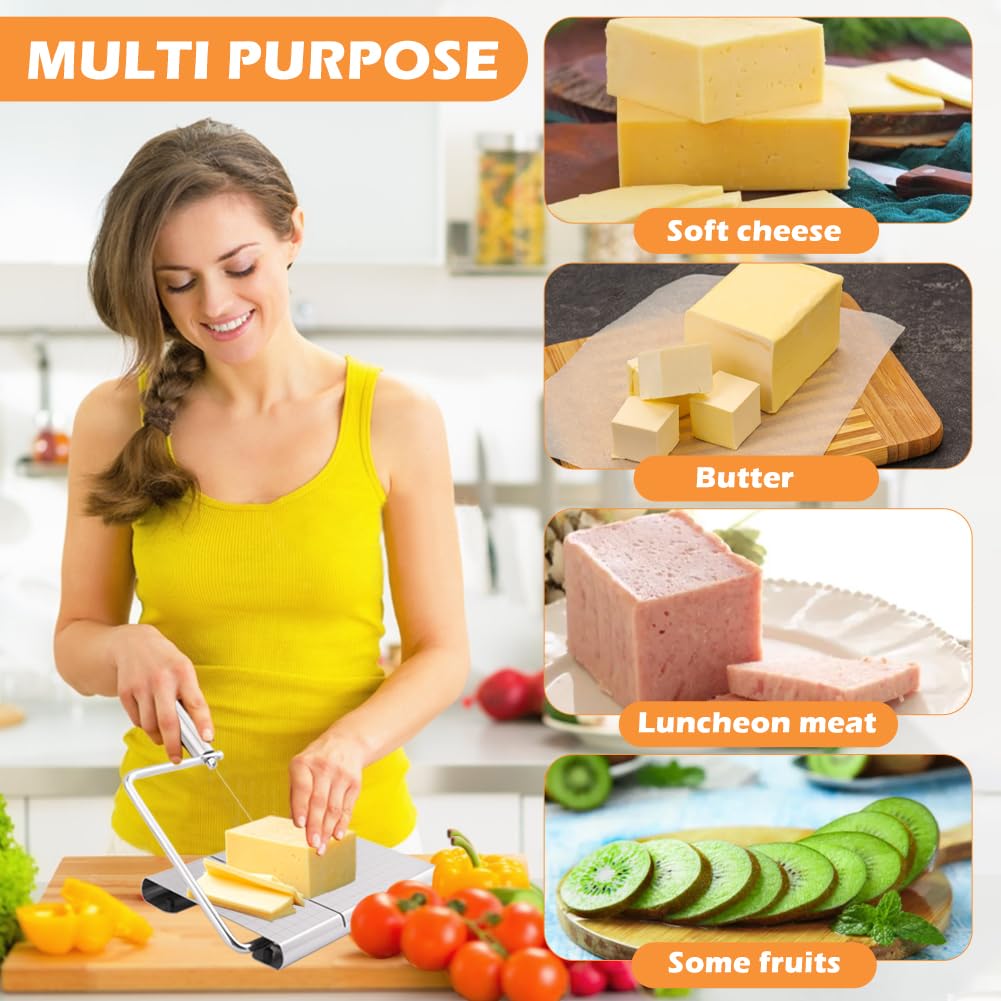 Premium Cheese Slicer Kit with 8 Replaceable Wires, Cutting Board & Measuring Grid - Adjustable for Cheese & Butter - Perfect for Kitchens, Delis & Gourmet Food Preparation