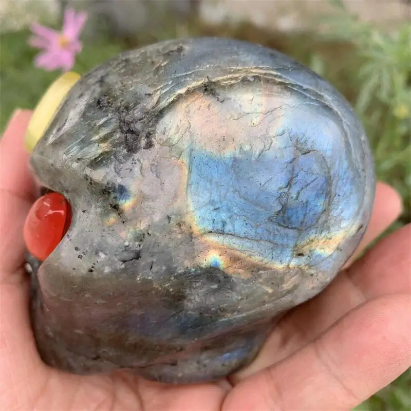 Natural Labradorite Alien Skull Carving - Handmade Crystal Gemstone Decor for Reiki Healing, Witchcraft & Wicca Rituals | Unique Halloween Home Decor, Spiritual Gift & Meditation Space Accent
