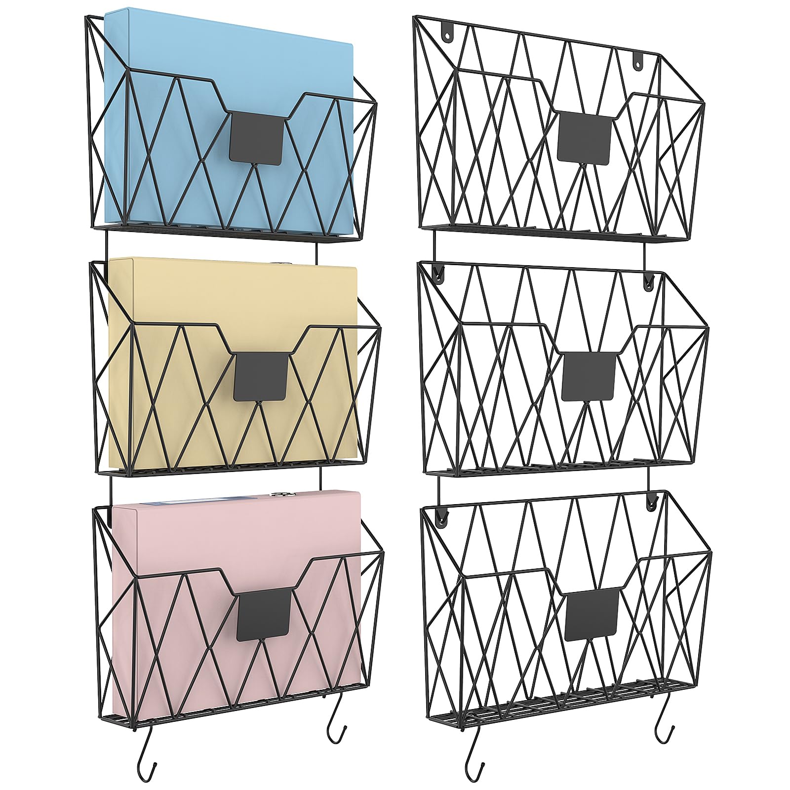 YBING 6-Pack Mesh Wall File Organizer with Hooks - Hanging Wall Mount Magazine Rack, Mail & Paper Holder for Office, Home - Perfect for Organizing Folders, Documents, Clipboards in Black (Ideal for Small Spaces & Home Office Organization)