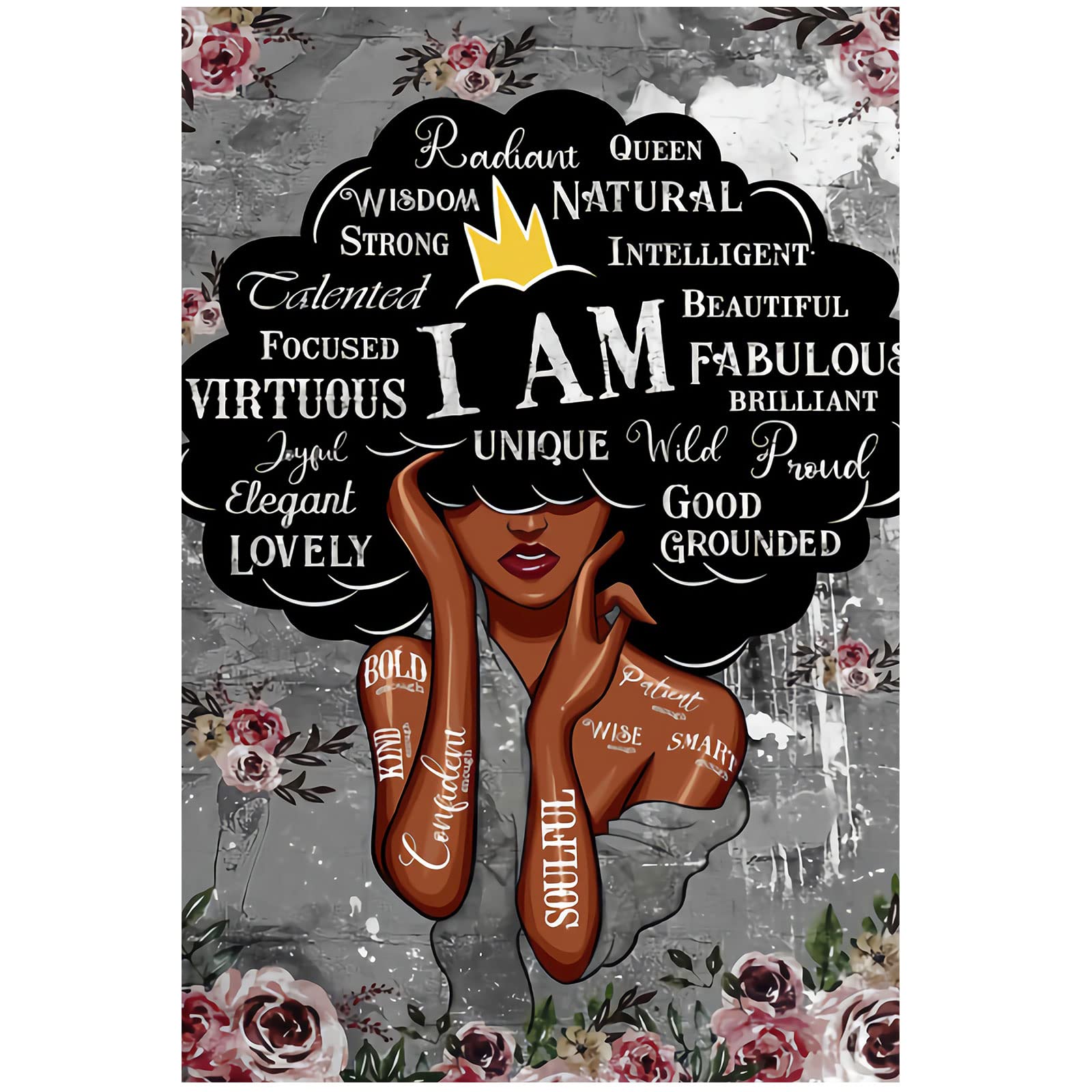 Black Queen Wall Art - African American Flower Girl Canvas Print, Abstract Nordic Poster for Living Room & Bedroom Decor | Black Women Empowerment Art, Home & Office Wall Decor