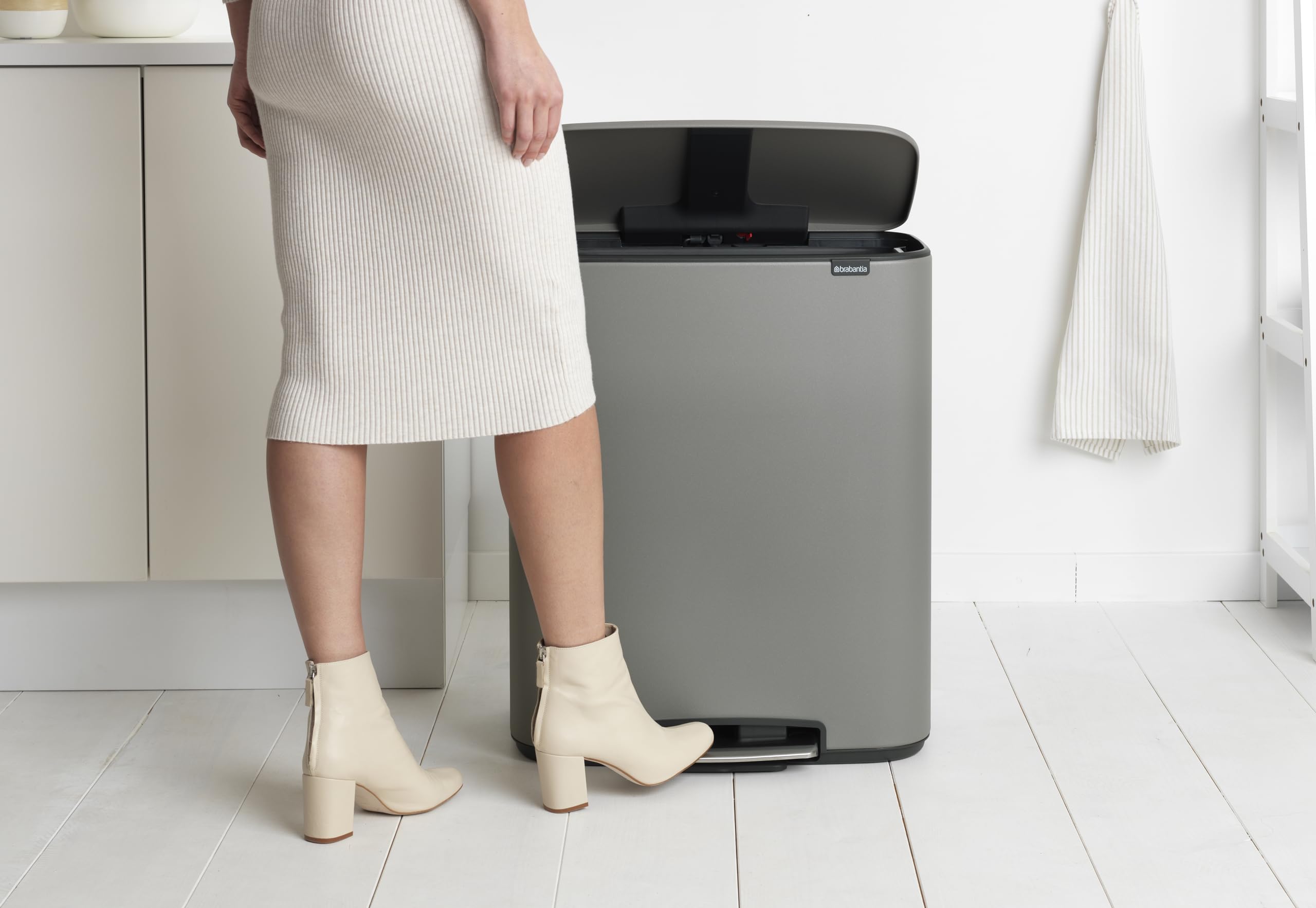 Brabantia Bo Step-On Pedal Trash Can 16 Gallon - Stainless Steel Inner Bucket, Removable Compartment, Mineral Concrete Gray - Perfect for Kitchen, Office & Recycling Waste Disposal
