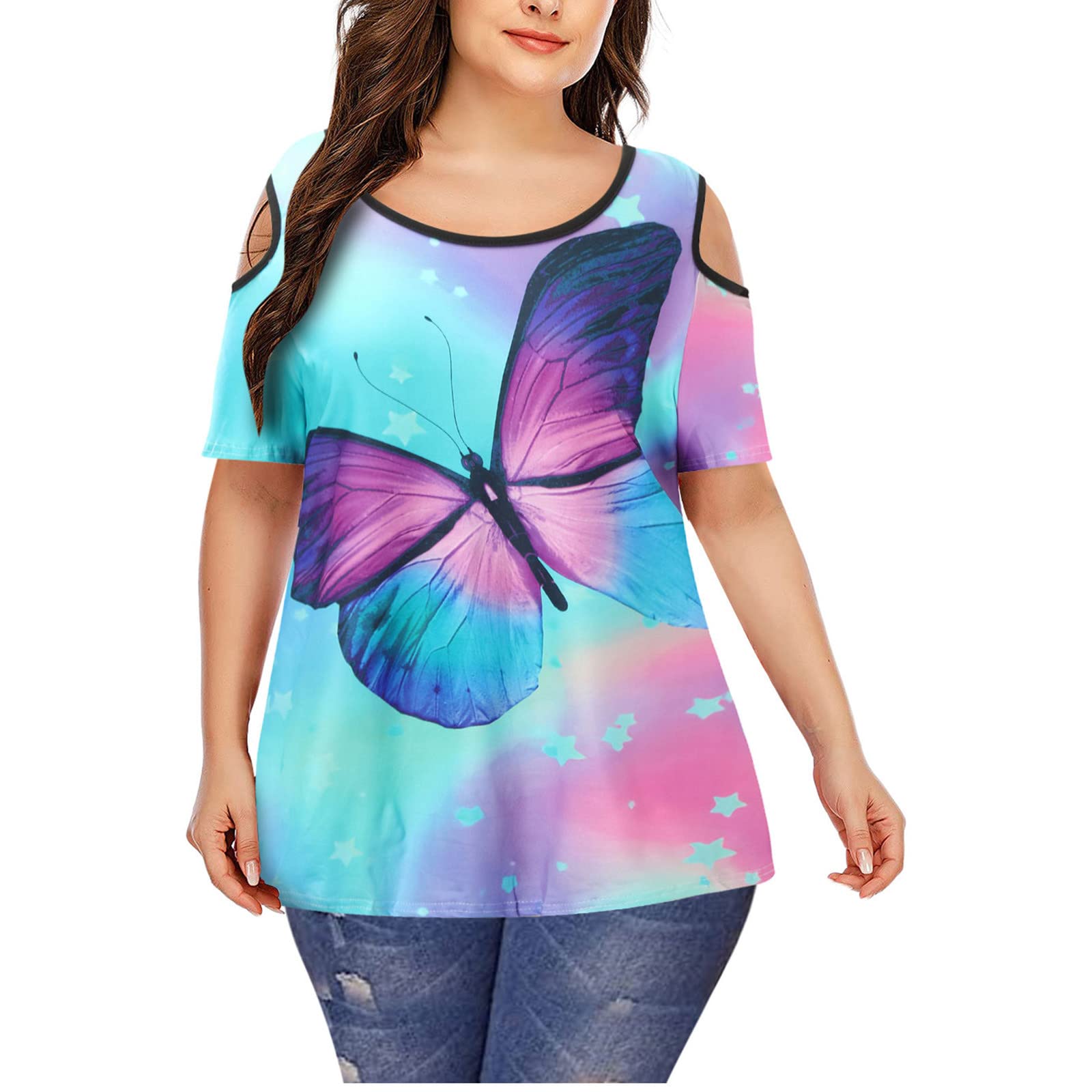 **Plus Size Summer Tops for Women - Sexy Cold Shoulder Casual Short Sleeve Graphic Tees - Perfect for Beach, Vacation & Everyday Wear**
