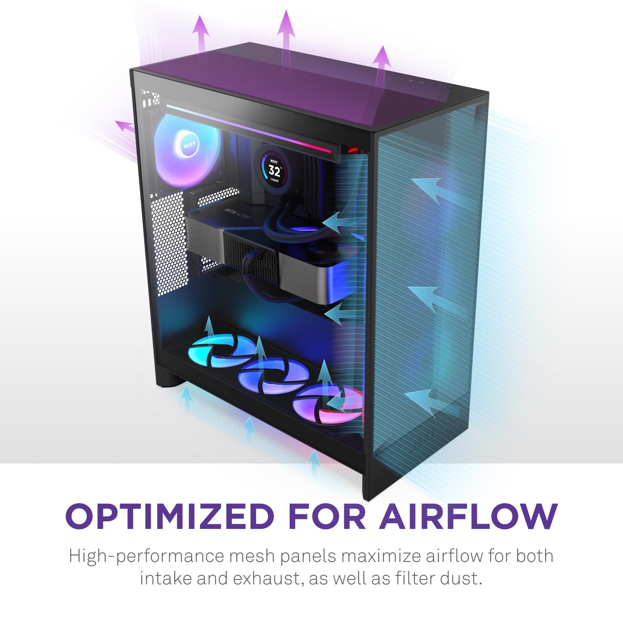 NZXT H7 Flow 2024 Mid-Tower ATX PC Case - High Airflow Gaming Case with 3 Pre-Installed 120mm Fans | Bottom Fan Support for GPU Cooling | Excellent Cable Management | Sleek Black Design | Perfect for Gaming Rigs & High-Performance Builds