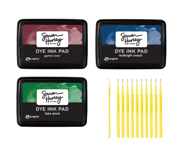 Ranger Simon Hurley Create Dye Ink Pad Set - Fake Plant, Game Over & Midnight Snack Colors - Premium Stamping Ink for Card Making, Scrapbooking & DIY Crafts - Includes Trebbies Detail Sticks for Precision Lettering & Art Projects