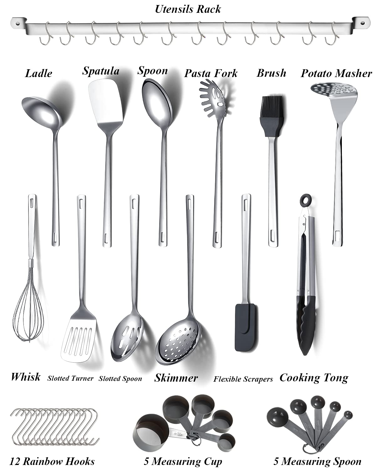 Premium 37-Piece Stainless Steel Kitchen Utensil Set - Non-Stick, Heat Resistant & Dishwasher Safe Cooking Tools with Holder - Perfect for Baking, Frying & Everyday Cooking
