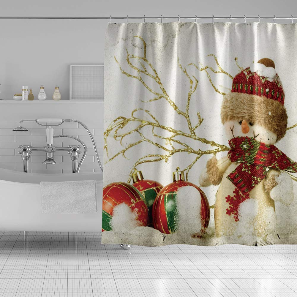 Christmas Snowman Shower Curtain with Hooks - Waterproof Polyester Bathroom Decor with Gold Glitter Branches & Xmas Balls (72x72 Inches) - Perfect for Holiday Bathroom Decorations & Festive Home Styling