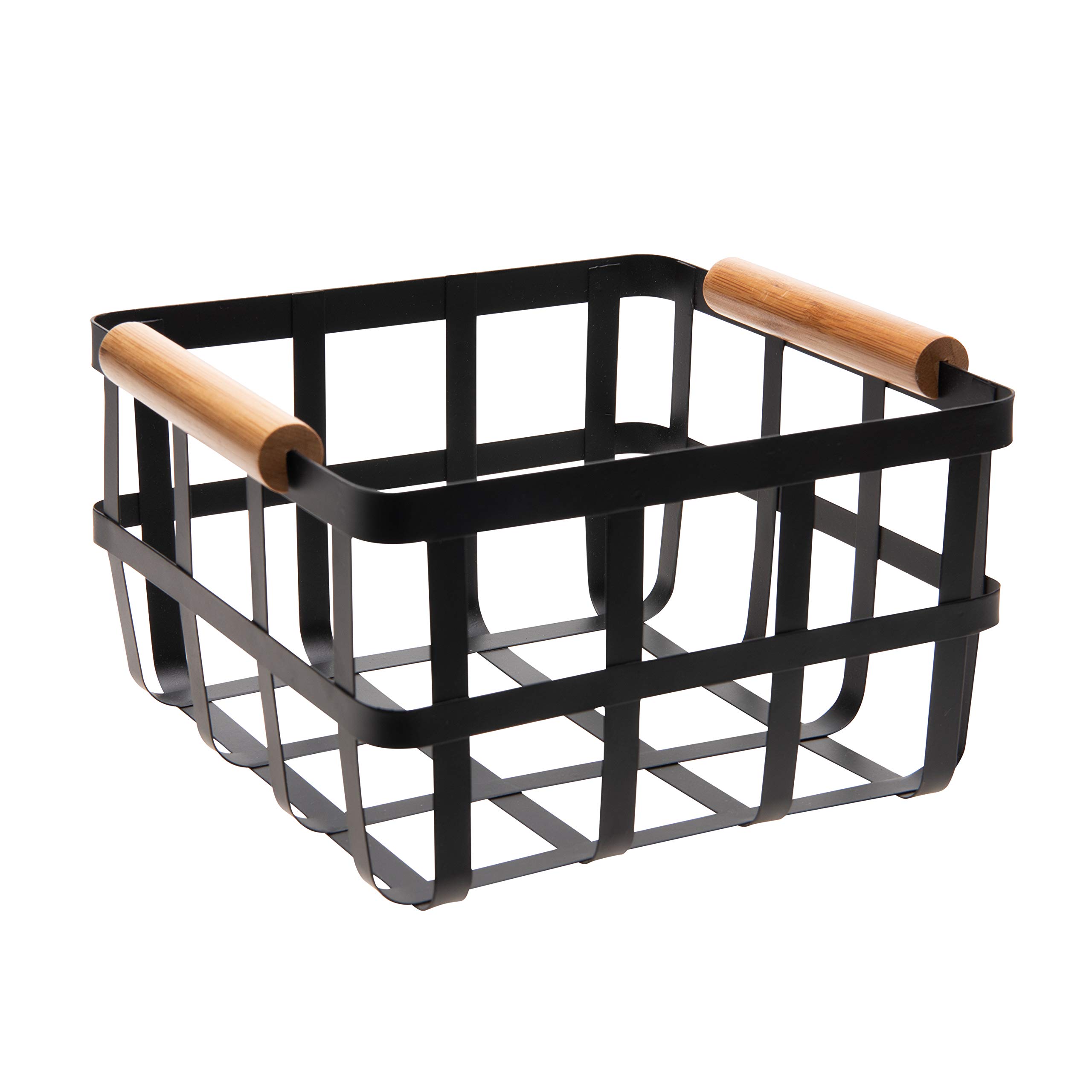 Farmhouse Style Square Metal Storage Basket with Bamboo Handles - Medium Size Rustic Black Wire Organizer for Home Decor, Kitchen, Bathroom & Office Storage Solutions