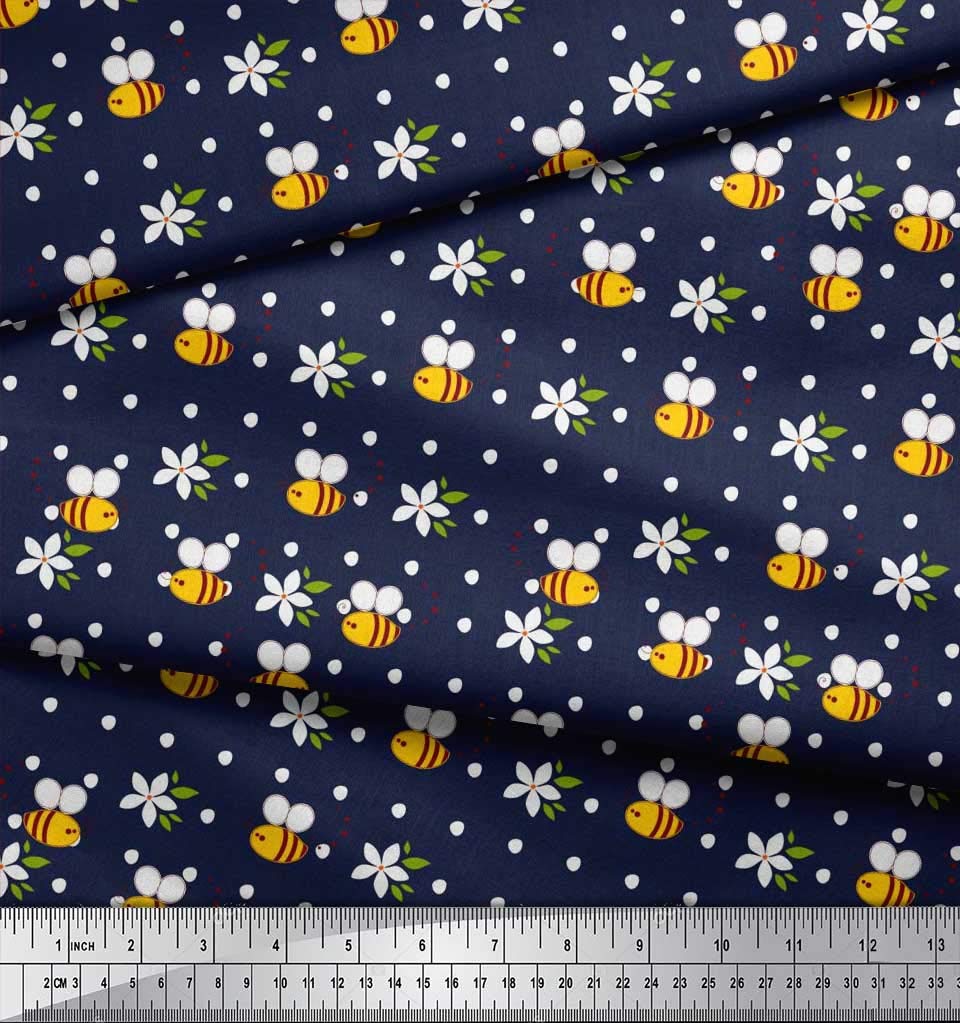 Soimoi Rayon Blue Fabric - Floral Honey Bee Print for Sewing & Crafts