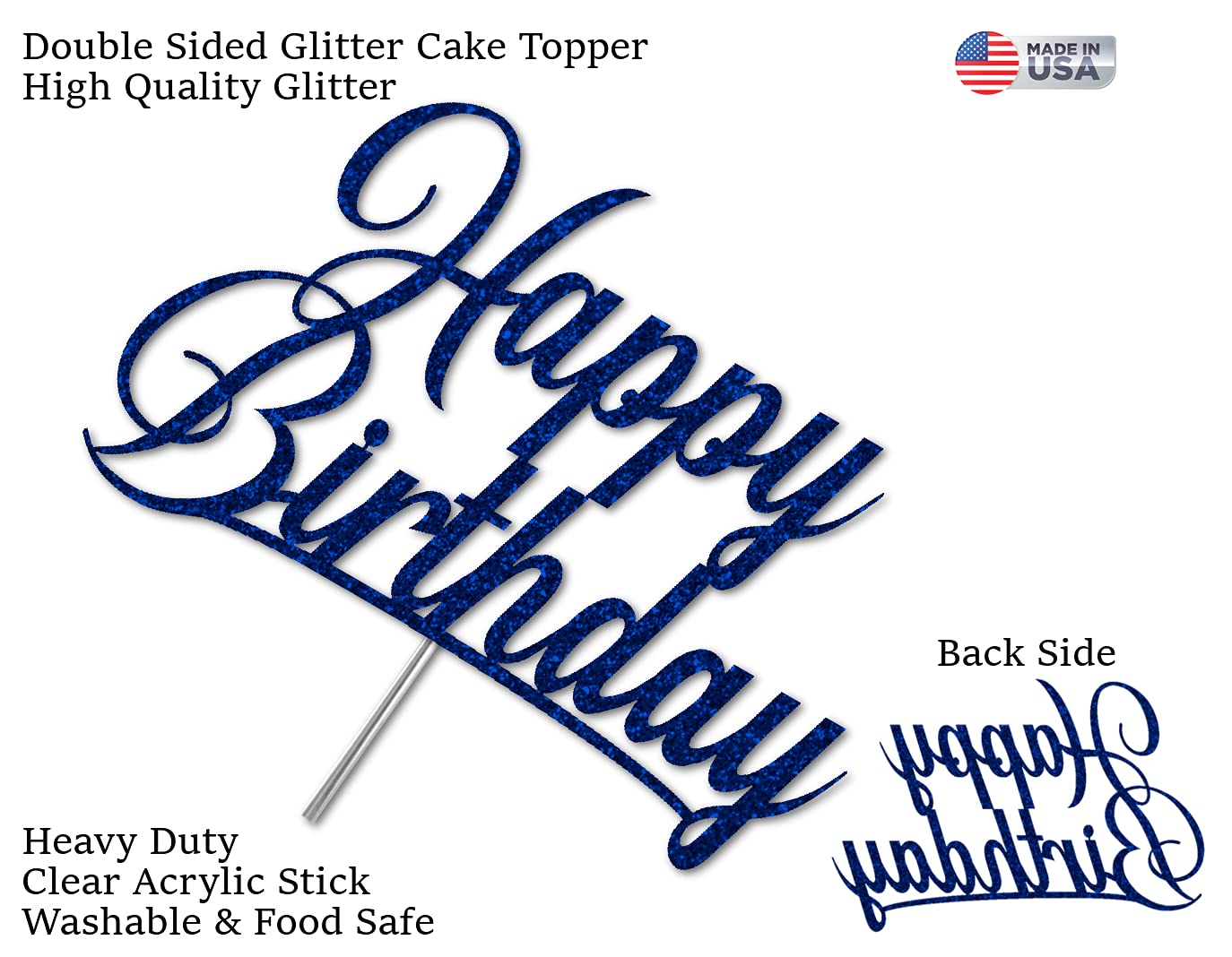 Premium Happy Birthday Glitter Cake Topper - Double Sided Acrylic Party Decoration with Sturdy Stick | Made in USA (Blue) | Perfect for Birthday Cakes, Cupcakes & Party Centerpieces