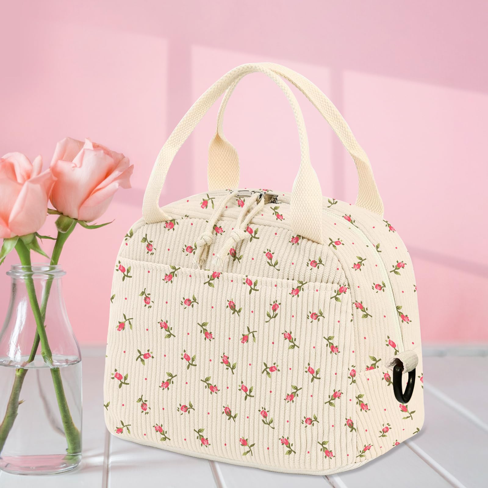 Stylish Insulated Lunch Bag for Women & Men - Large Corduroy Lunch Box with Shoulder Strap, Floral Tote & Reusable Cooler Bag | Perfect for Work, School, Picnics & Outdoor Activities