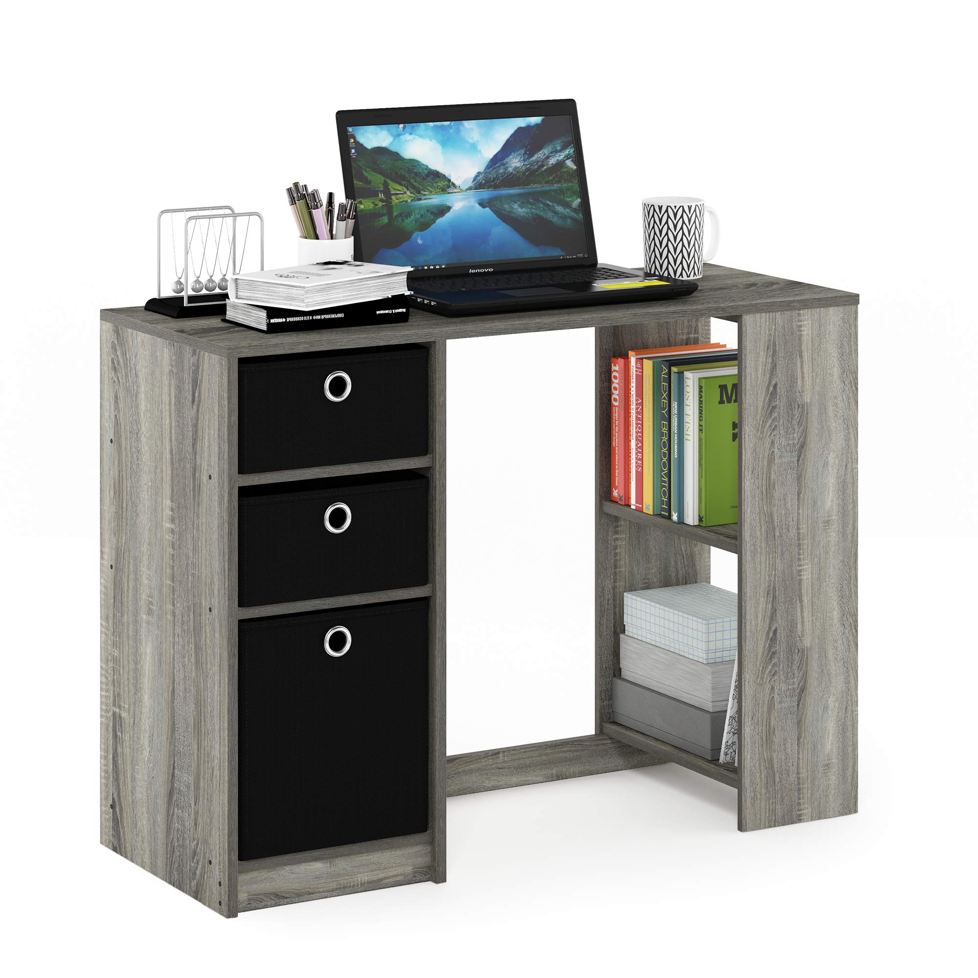 Furinno Jaya Modern Computer Study Desk - Small Home Office Desk with Storage Shelf, French Oak Grey/Black Finish - Perfect for Small Spaces, Dorm Rooms & Home Offices