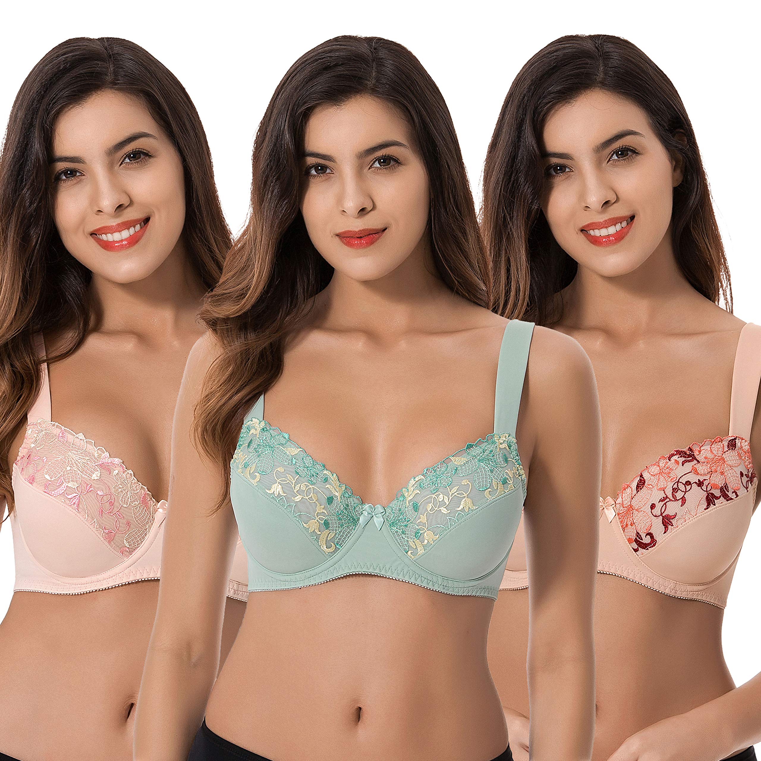 Curve Muse Plus Size Minimizer Underwire Unlined Bras with Embroidery Lace - Comfortable Support for Full Bust Women (2 or 3 Pack) - Perfect for Everyday Wear, Work & Special Occasions