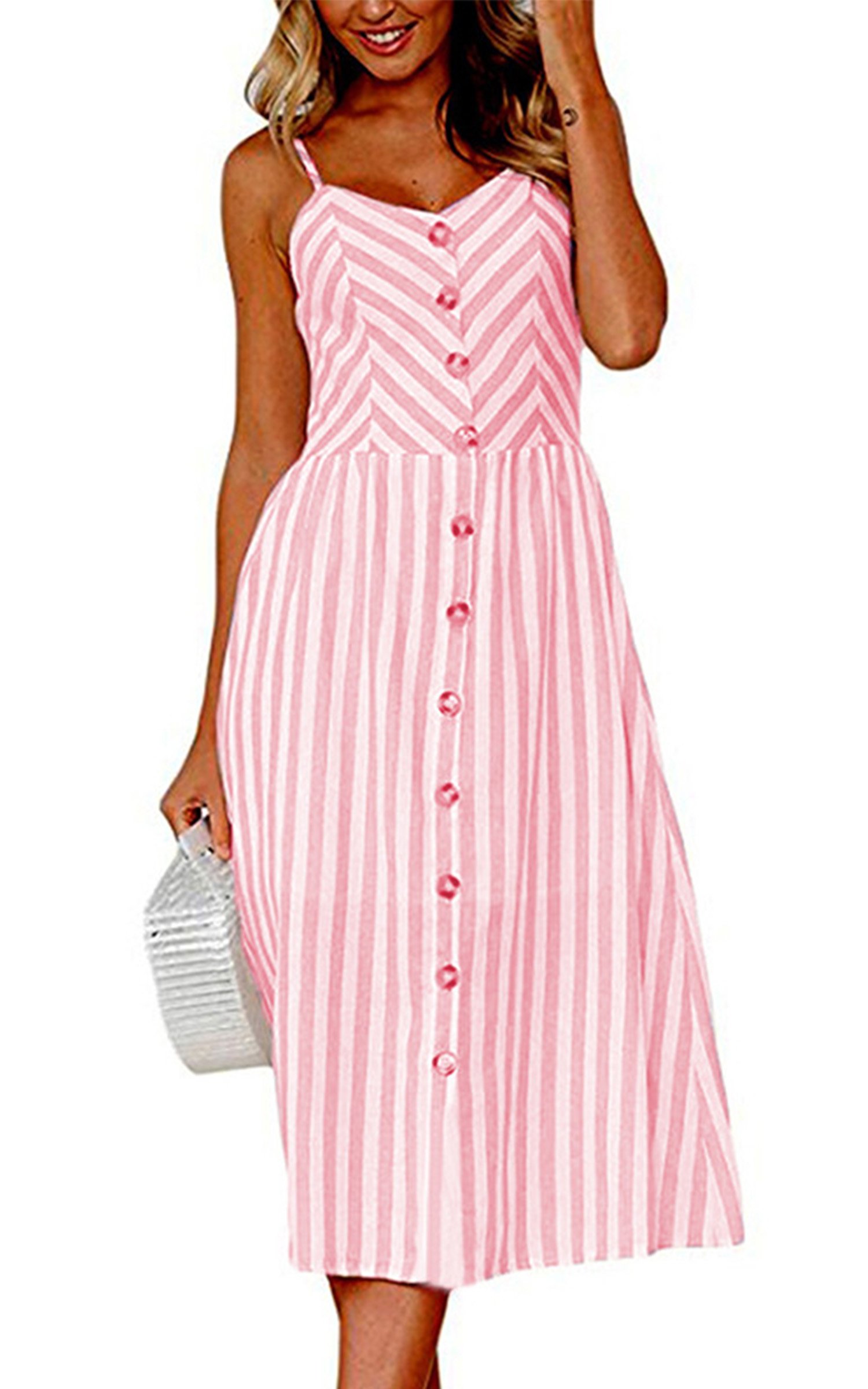 Angashion Women's Summer Floral Bohemian Spaghetti Strap Button Down Swing Midi Dress - Perfect for Beach Vacations, Date Nights & Casual Outings