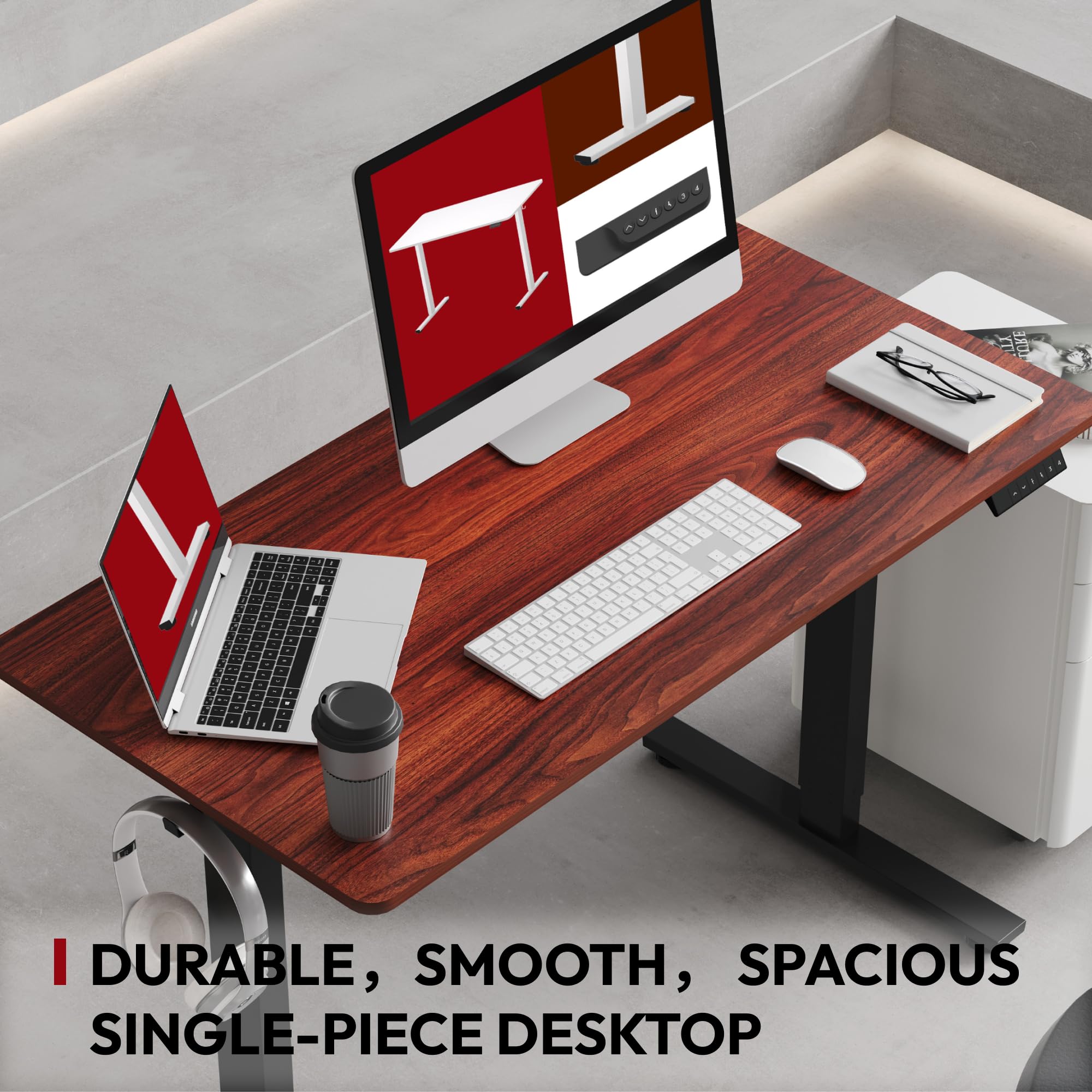 SANODESK 55 x 28 Inches Electric Standing Desk - Height Adjustable Whole-Piece Desktop with 6-Button Controller, Ergonomic Computer Desk for Home Office (Black Frame & Mahogany Top) - Perfect for Remote Work, Gaming Setup, and Small Workspaces