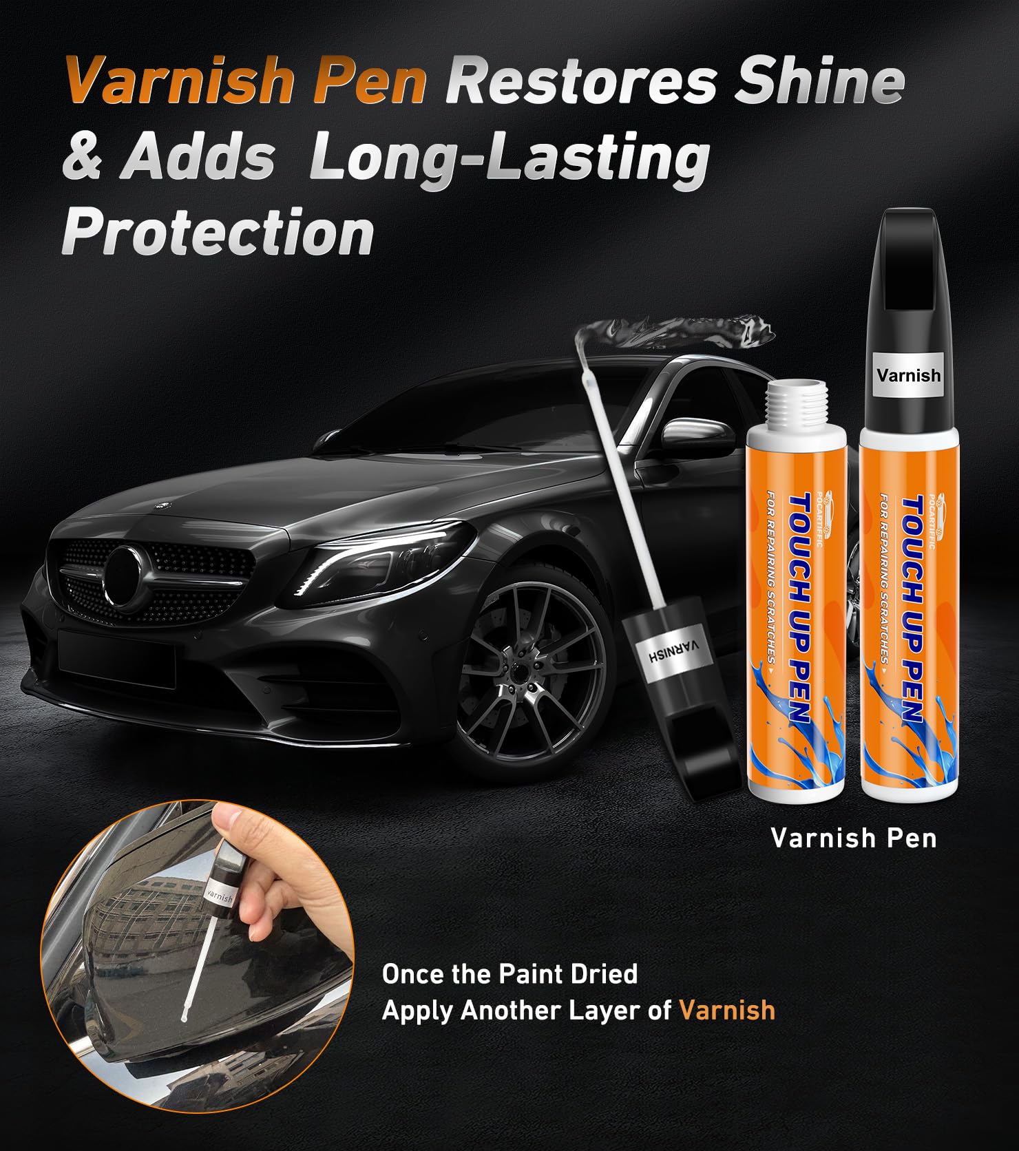 Premium Car Scratch Remover Pen Kit - 2pcs (White Paint + Varnish) - Automotive Touch Up Paint for Scratches on Rims, Wheels & Body - Perfect for DIY Car Scratch Repair at Home or On The Go