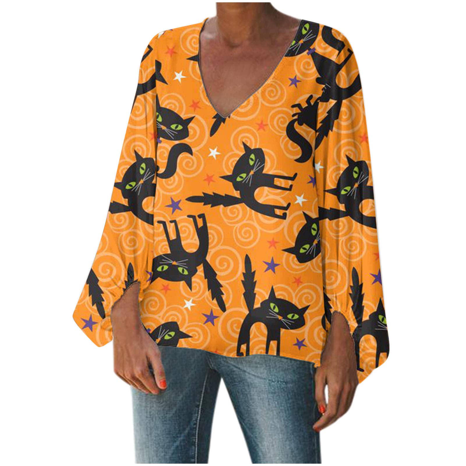**Halloween Shirts for Women - Cobweb Print Long Sleeve T-Shirt with Puff Sleeves, Sexy V-Neck Top for Dressy Casual Wear | Perfect for Halloween Parties, Costume Events & Fall Outfits**