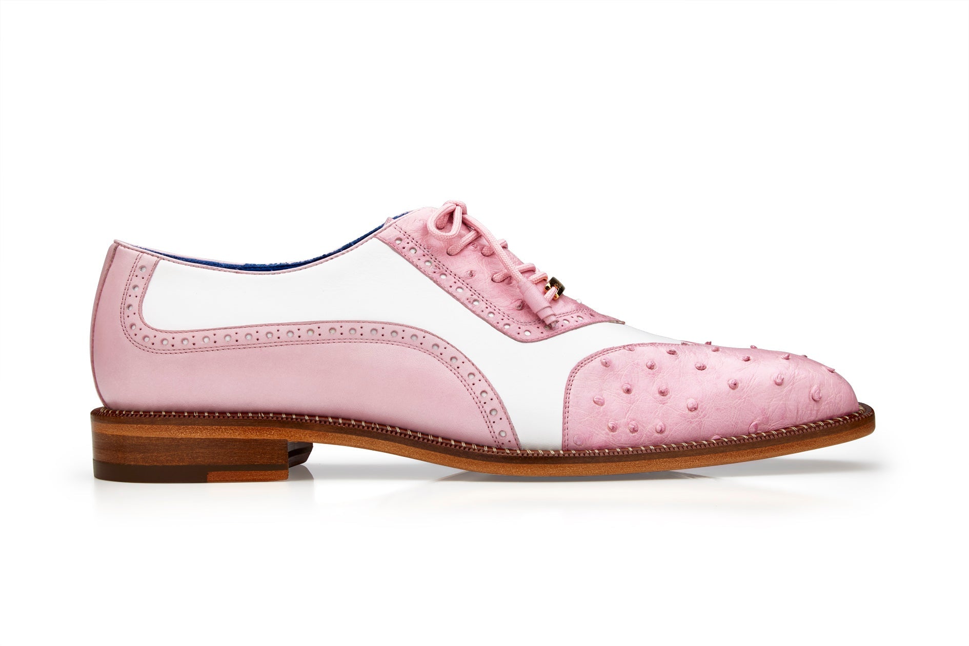 Belvedere Sesto Genuine Ostrich Quill & Italian Leather Wingtip Dress Shoes - Rose Pink/White Size R54 | Luxury Formal Shoes for Weddings, Business Meetings & Special Occasions