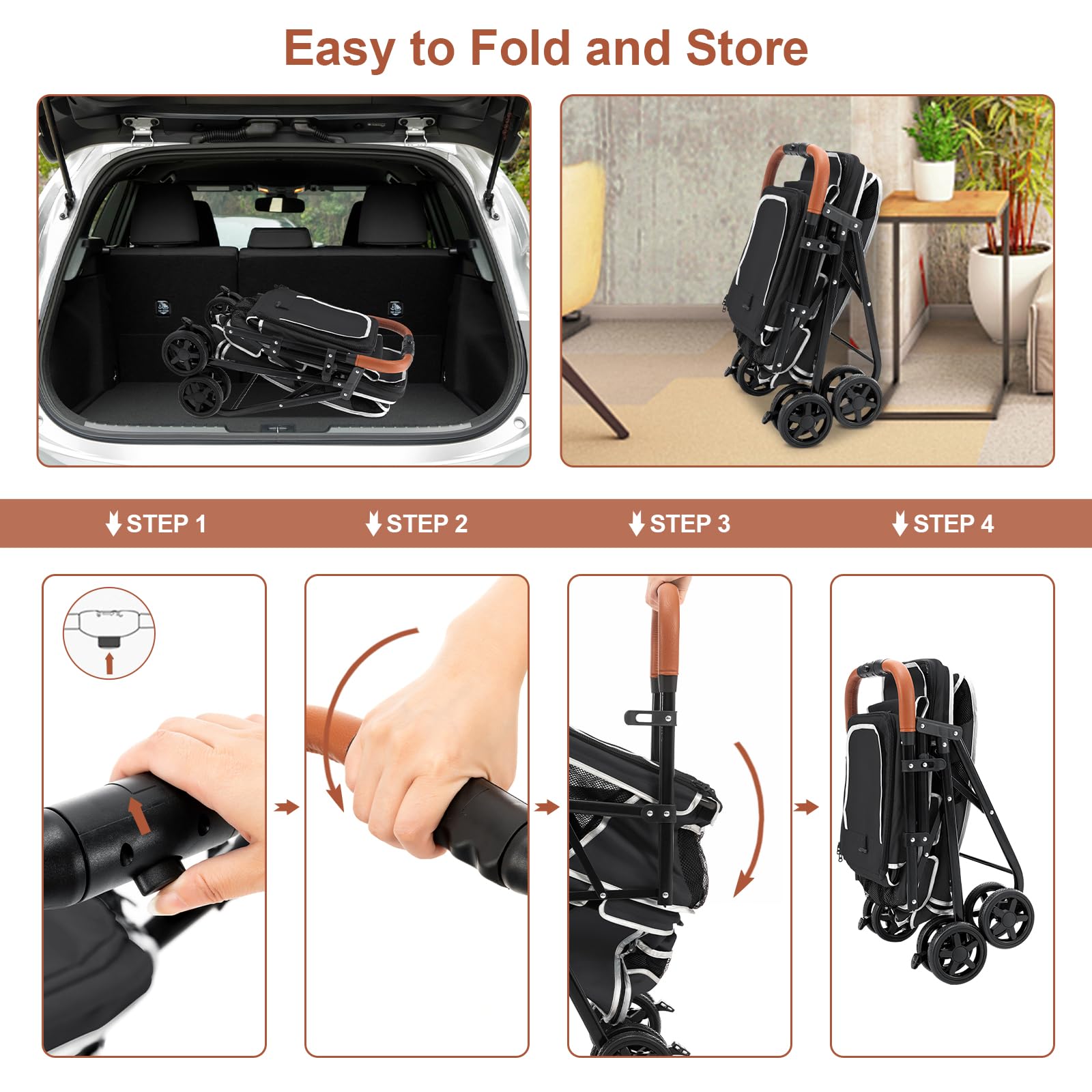 Double Pet Stroller for Dogs and Cats - Foldable 4-Wheel Travel Carrier for Small & Medium Pets - One-Hand Operation - Perfect for Park Walks, Vet Visits & Shopping Trips - Black