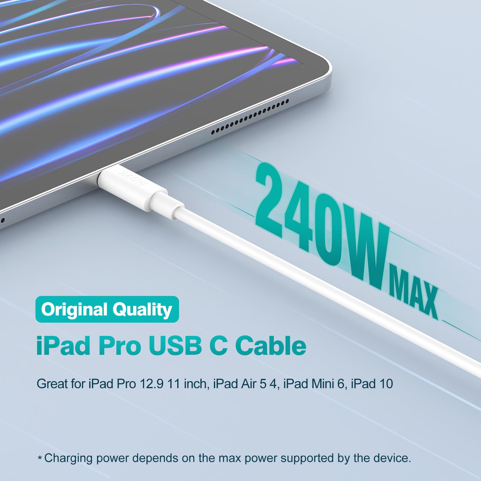 240W 10ft USB C to USB C Fast Charging Cable for MacBook Pro/Air, iPad 10th/Pro/Air/Mini, iPhone 16/15 - High Speed Data Sync & Power Delivery for Home, Office & Travel Charging