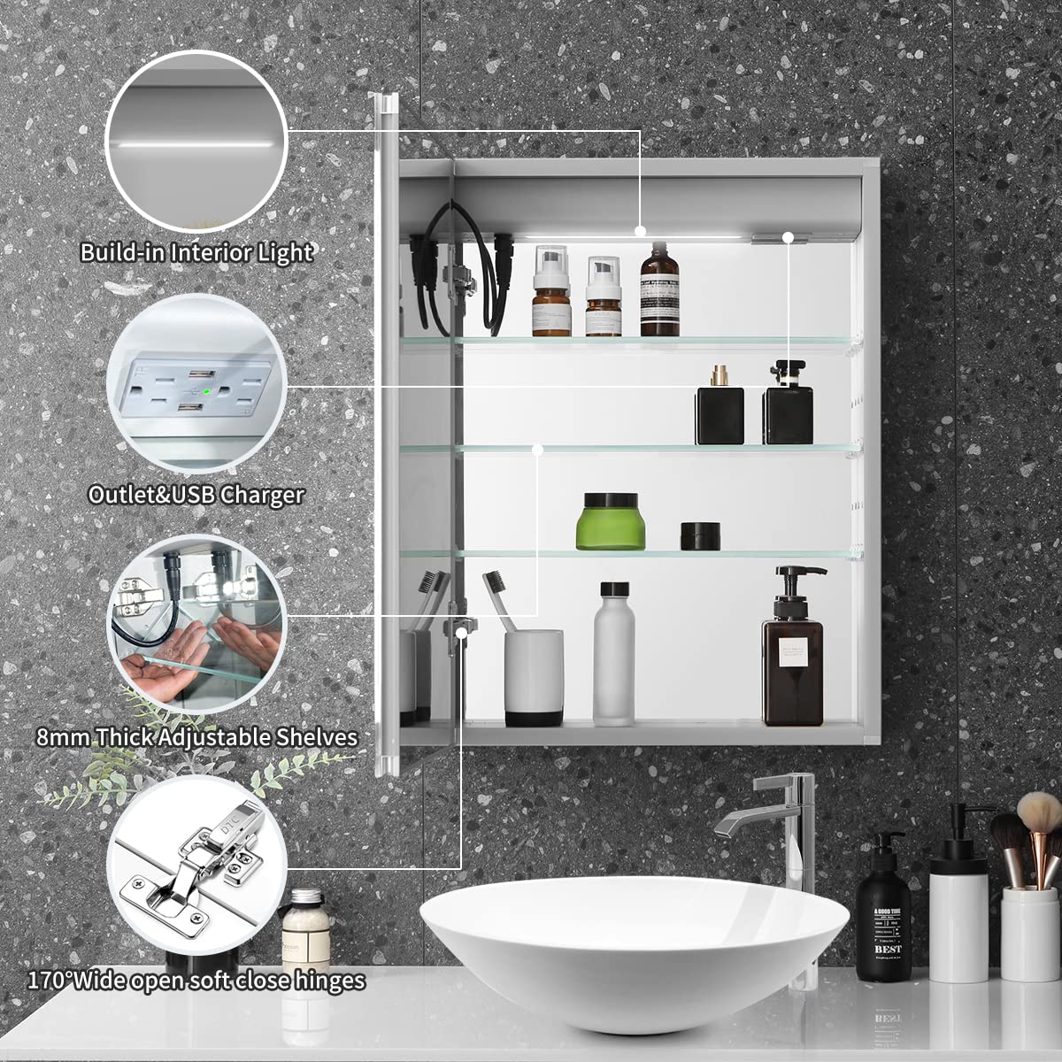 26 x 20 Inch LED Bathroom Medicine Cabinet with Mirror - Recessed/Surface Mounted, Defogger & Dimmer - Single Door Glass Cabinet for Modern Bathrooms, Vanities & Powder Rooms