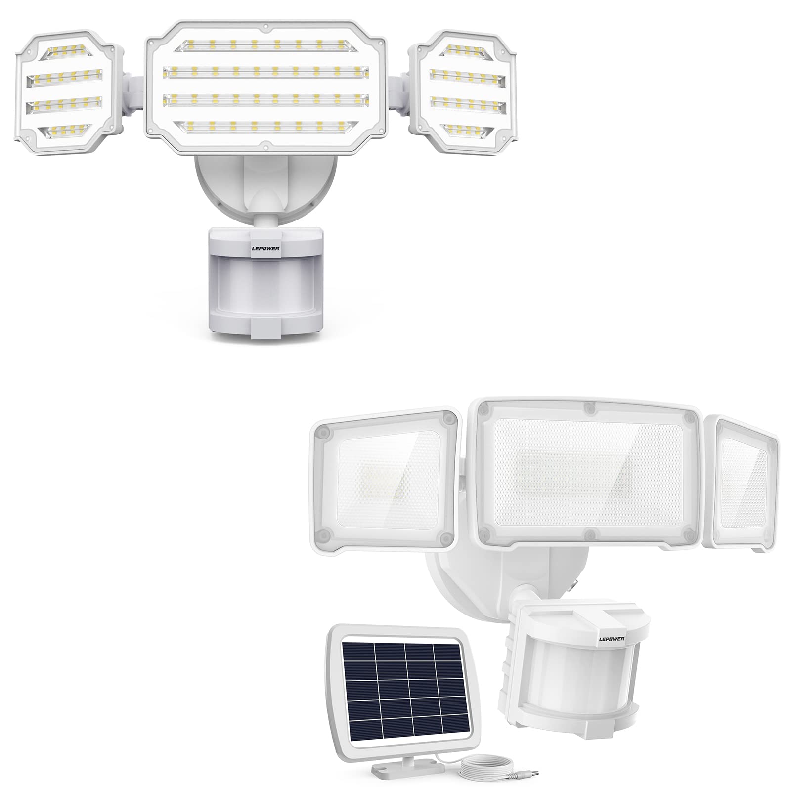 LEPOWER 2-Pack 45W LED Motion Sensor Security Light + 1600LM Solar Outdoor Light - Weatherproof Bright Lighting for Home, Garage, Yard, and Driveway Safety