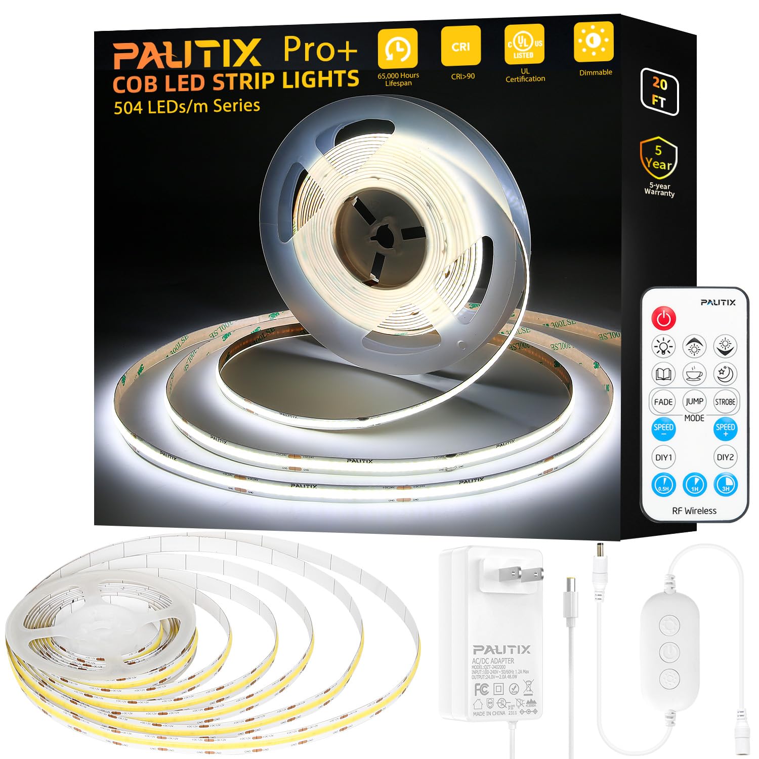 PAUTIX COB LED Strip Light 5000K White 20ft/6.1m - 3087 LEDs Super Bright 6000 Lumens, Dimmable 24V LED Tape Light with 3M Adhesive & RF Remote (Timer Function), 48W Power Supply - Perfect for Bedroom, Kitchen, Home DIY Projects, Cabinet Lighting, and Accent Decor