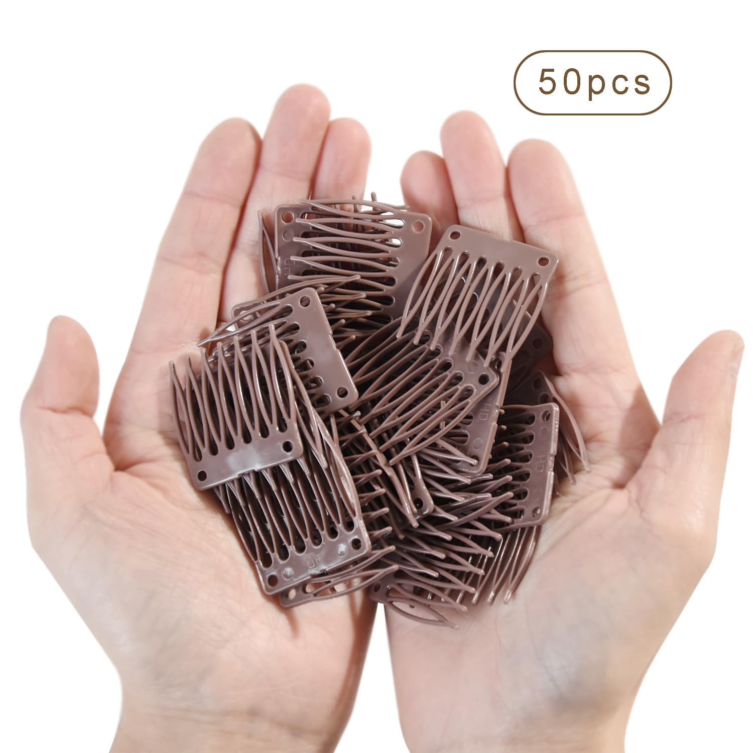 50 PCS Brown Plastic Wig Combs - 7 Teeth Hair Styling Tools for Wig Making, Hair Extensions & Cosplay Accessories (Perfect for Salon, DIY & Costume Use)