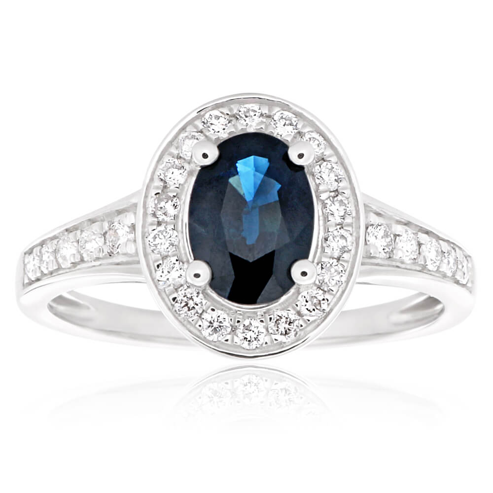 9ct White Gold 1.05ct Natural Dark Blue Sapphire & 0.26ct Diamond Engagement Ring for Women | 7x5mm Oval Cut Wedding Band, Anniversary Gift, Promise Ring for Her