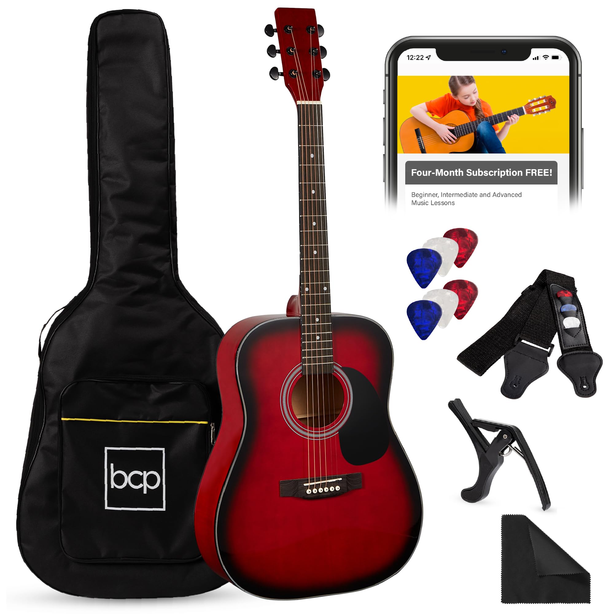 Best Choice Products 41in Full Size All Wood Acoustic Guitar Starter Set with Gig Bag, Strap, Capo, Strings & Picks - Red Burst | Perfect for Beginners, Practice, Performances & Gifts