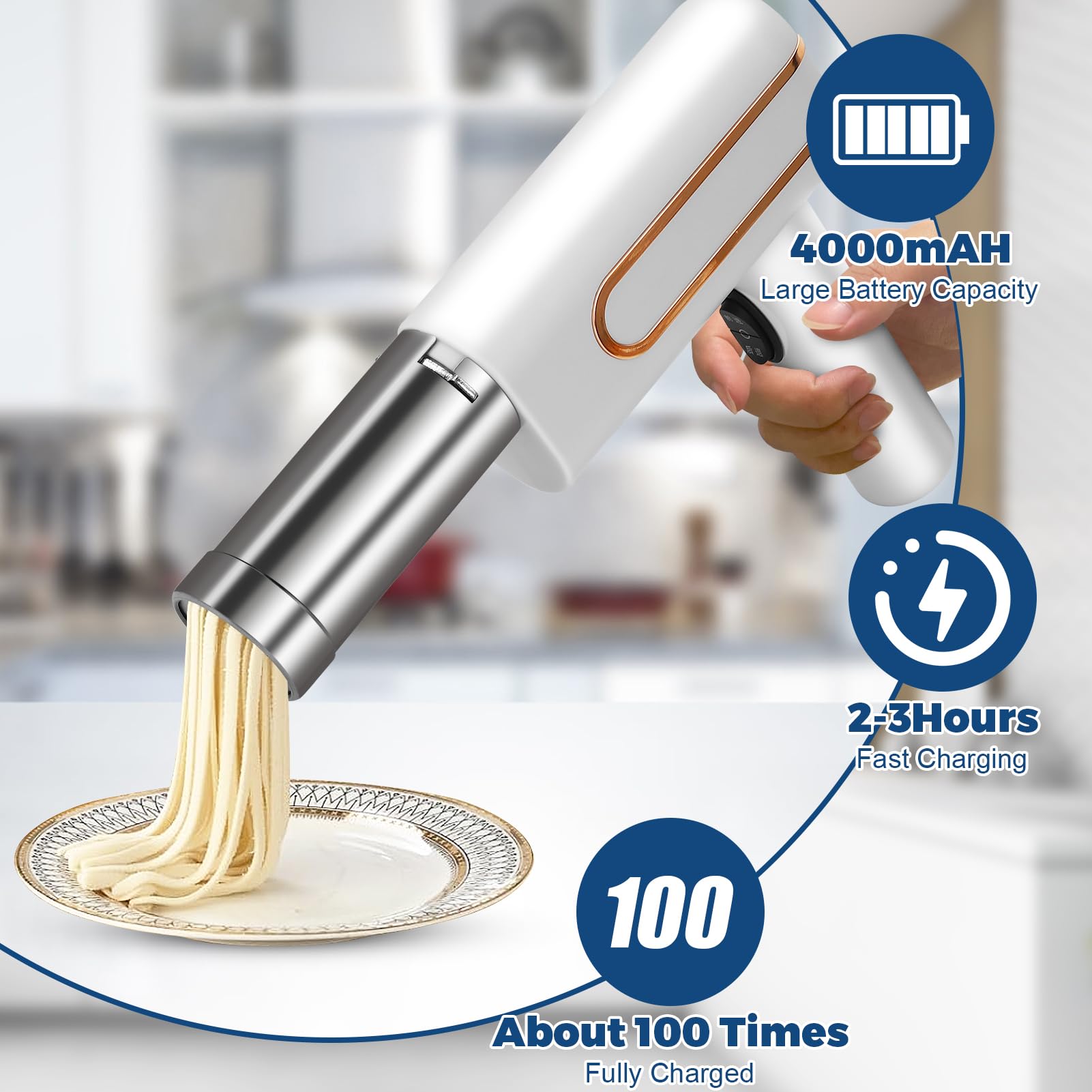 Electric Pasta Maker Machine - Cordless Handheld Noodle Maker with 3 Moulds & Cutter for Homemade Spaghetti, Fettuccine, Lasagna | Perfect for Italian Cooking, Family Dinners & Restaurant Use