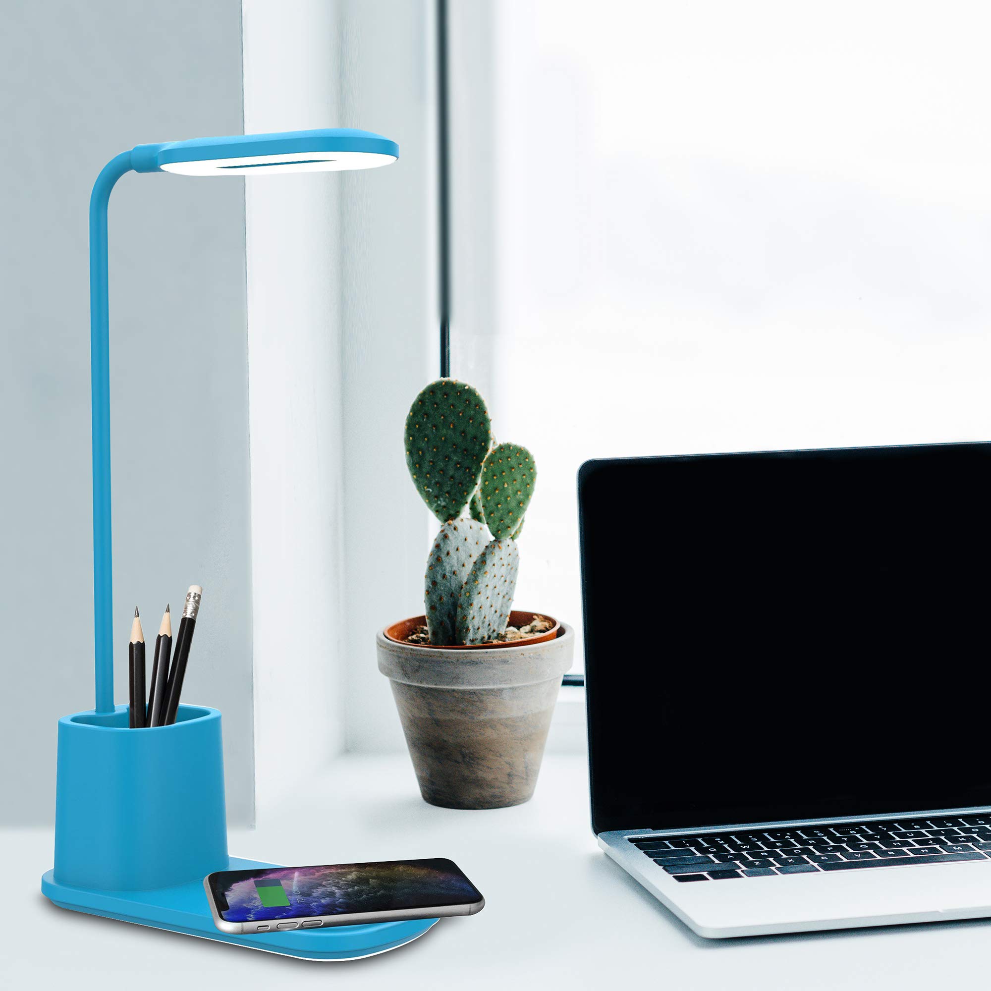 Aduro U-Light LED Desk Lamp with Wireless Charger - Dimmable Eye-Caring Study Lamp with Organizer, 3 Brightness Levels & USB Port - Perfect for Home Office, Reading & Nightstand Use (Blue)