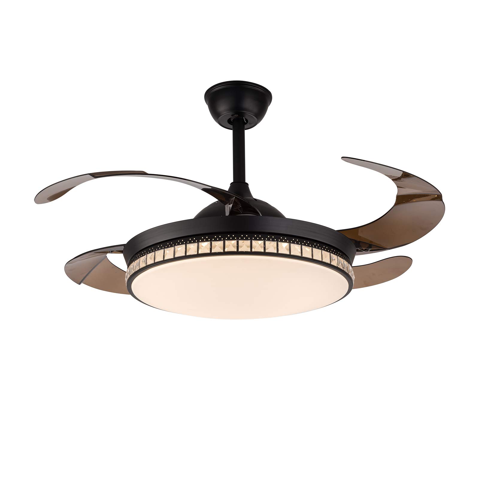 42 Inch Modern Crystal Ceiling Fan with Remote Control - 4 Retractable Blades, Quiet Motor & Timer Function - Energy Efficient Indoor Ceiling Light with Fan for Bedroom, Living Room, Kitchen (Black) | Perfect for Home Cooling & Stylish Lighting Decor