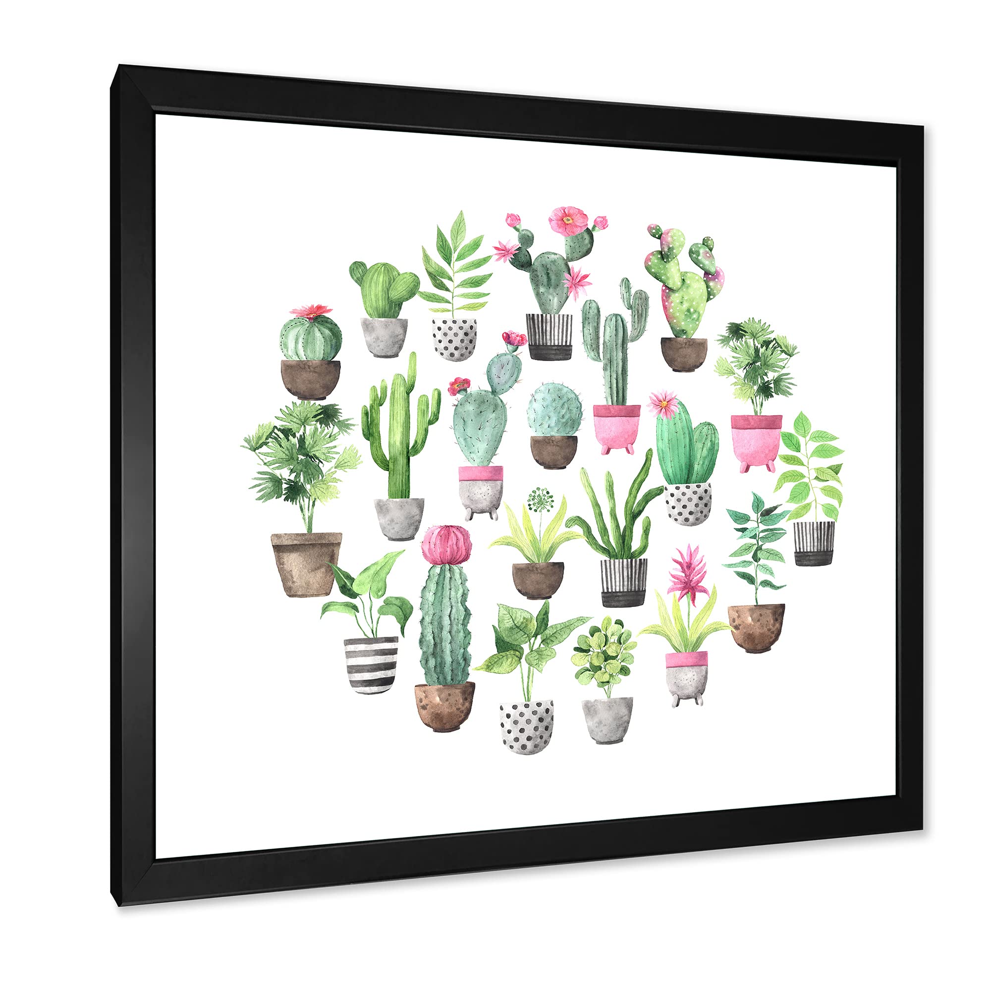 DesignQ Cacti in Ceramic Pots - Gentle Tone Traditional Framed Wall Art for Living Room, Bedroom & Office Decor