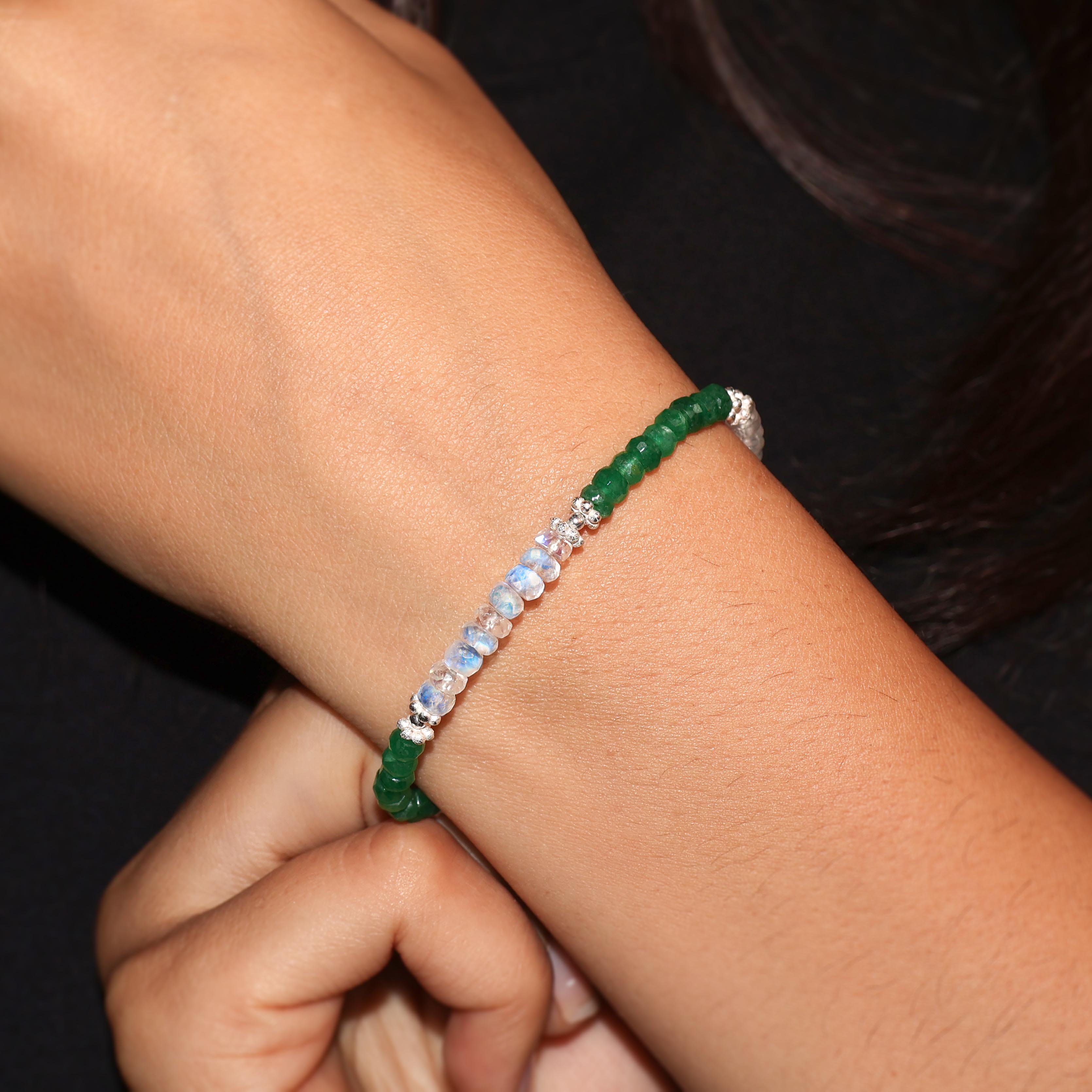 Moonstone and Emerald Gemstone Beaded Bracelet for Women - Elegant Handmade Jewelry for Boho Style, Meditation & Spiritual Healing