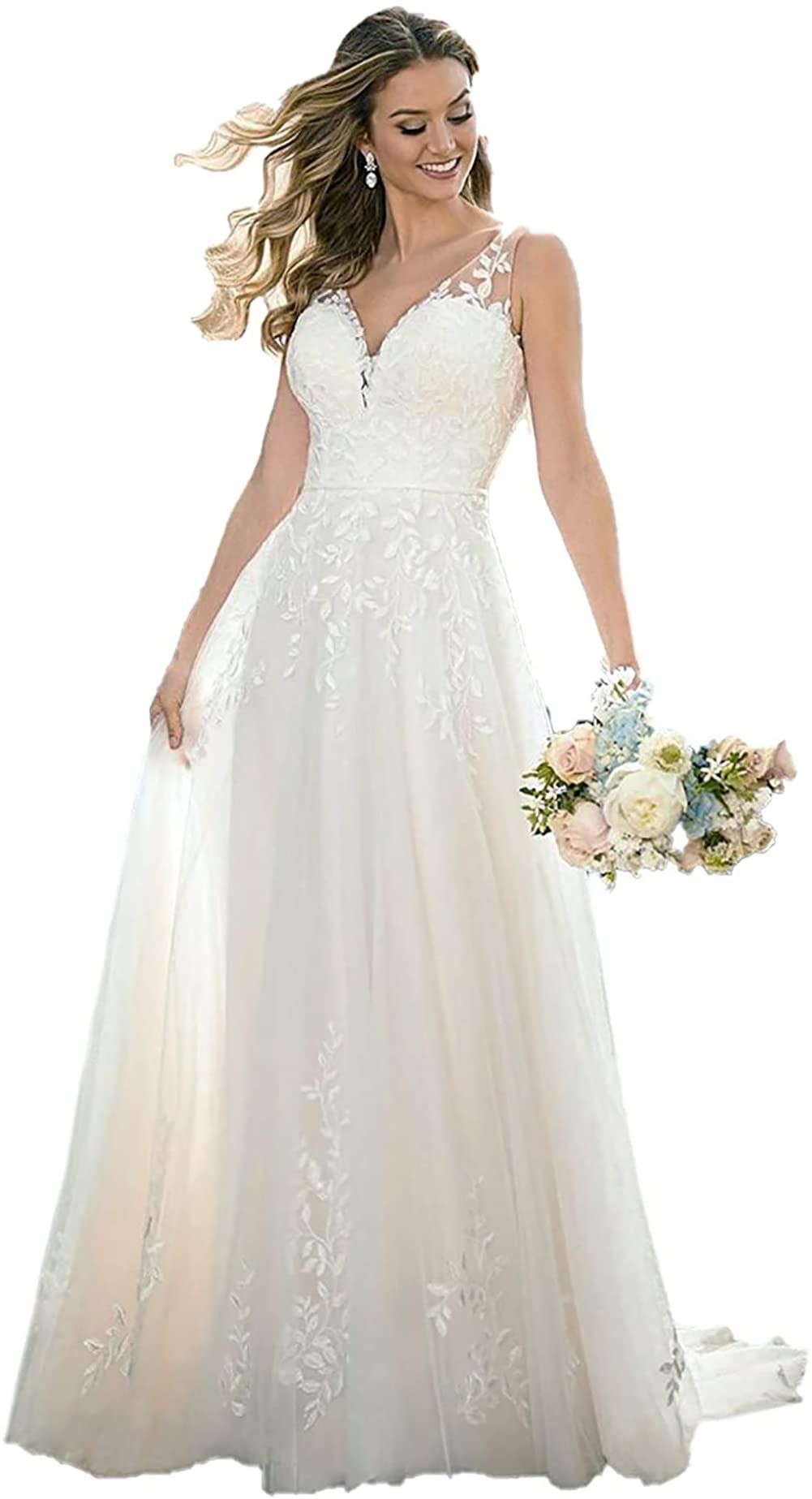 QXMYOO Elegant V-Neck Lace Tulle Beach Wedding Dress for Bride 2022 – Perfect for Summer Weddings, Beach Ceremonies & Boho Bridal Style