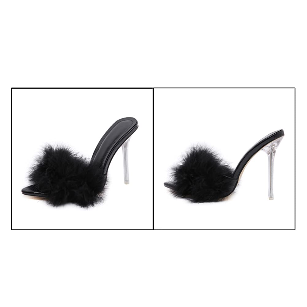 YIBLBOX Women's Fluffy Feather Open Toe Stiletto Slippers - Soft Plush Slide Sandals for Indoor/Outdoor Comfort, Lounge & Spa Wear