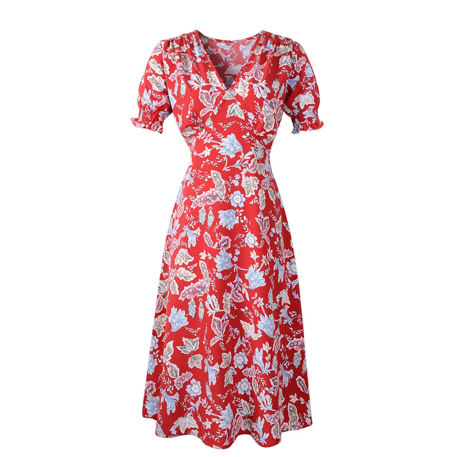 Boho Floral Print V-Neck Short Sleeve Maxi Dress for Women - Beach Sun Dress with Side Slit & Pleated Hem | Perfect for Summer Vacations, Beach Parties & Casual Outings