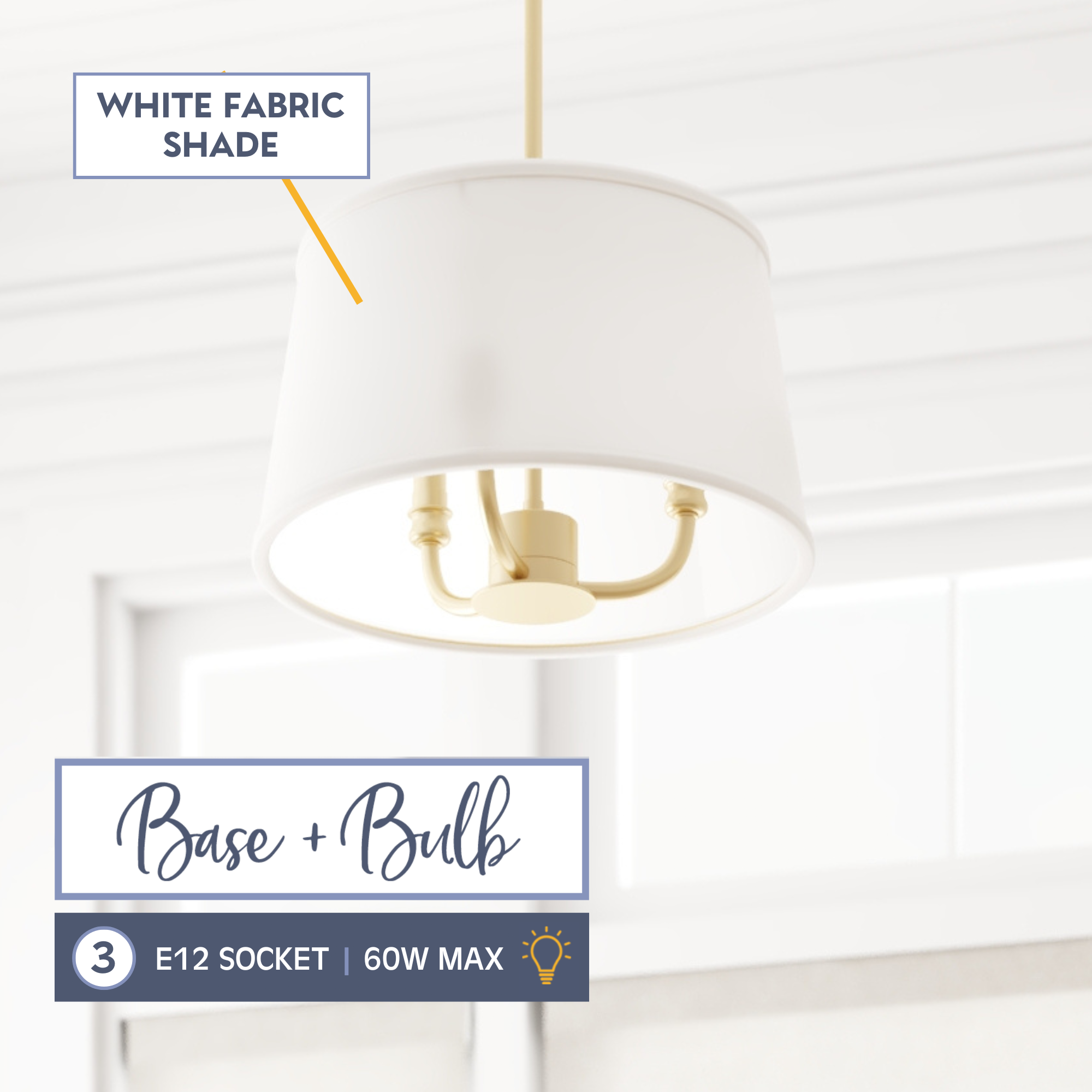 3-Light Billet Convertible Pendant/Semi-Flush Mount Ceiling Light - Brushed Gold Finish with Fabric Shades - Perfect for Dining Room, Kitchen Island, or Bedroom Lighting