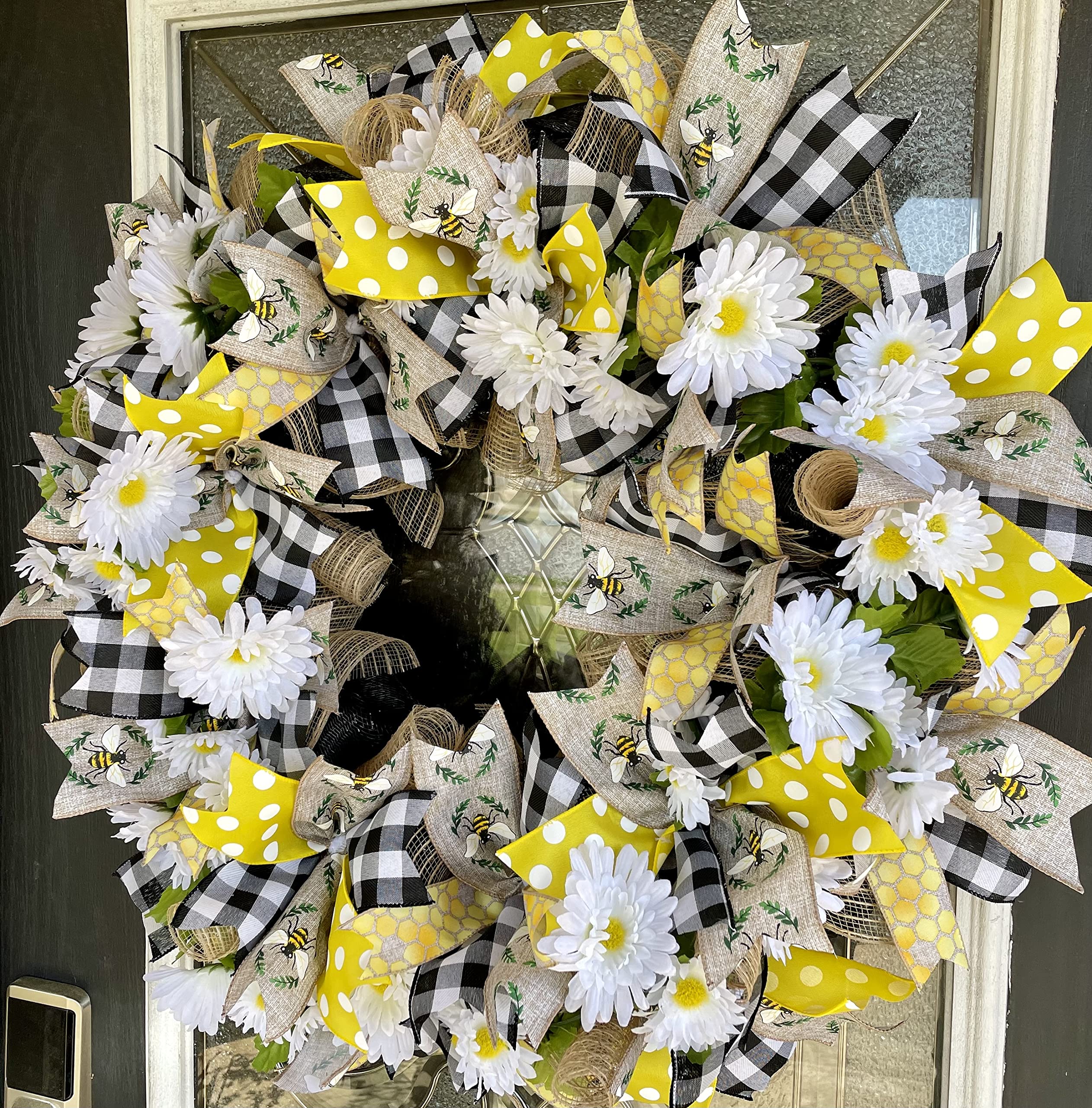 XL Bee Themed Farmhouse Daisy Wreath - Rustic Burlap Wedding Decor for Front Door, Fall, Spring & Summer - French Country Home Decor for Seasonal & Wedding Use