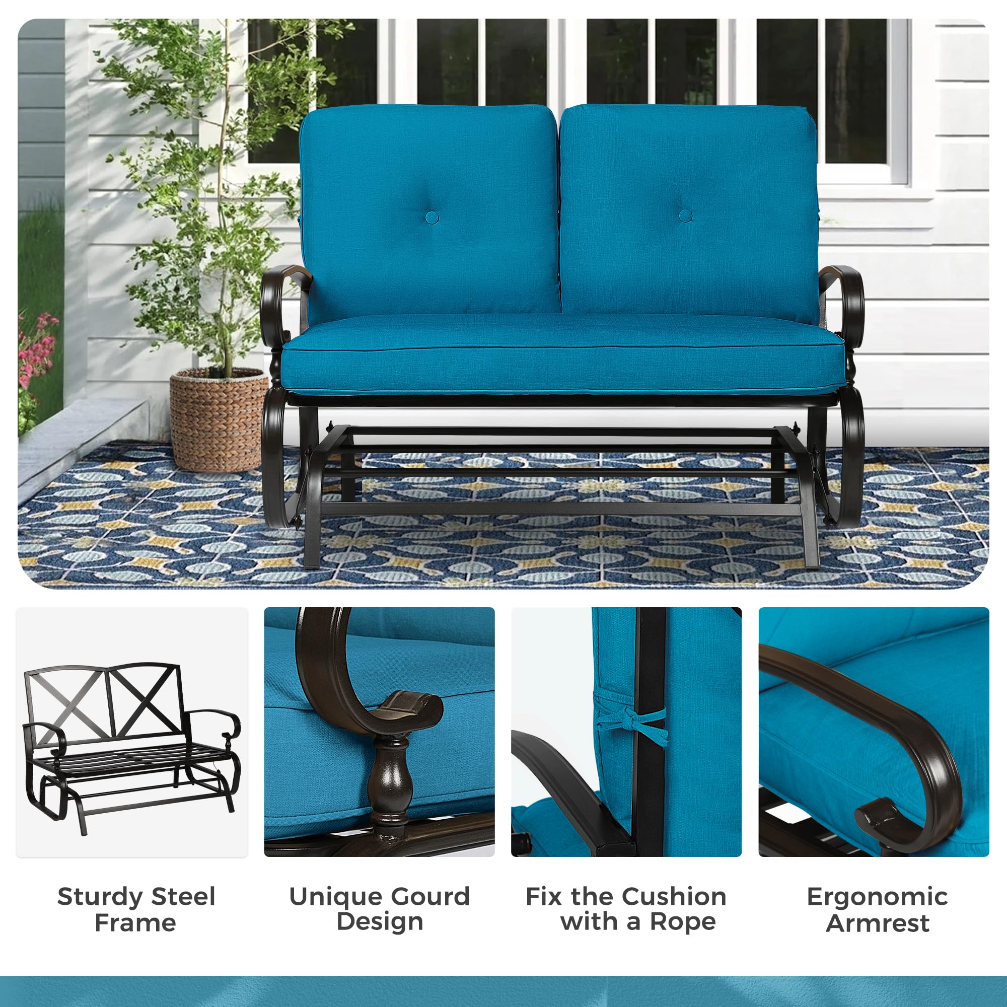 Outdoor Bench Patio Swing Glider Loveseat - 2 Seats Wrought Iron Rocking Chair with Blue Cushion - Perfect for Garden, Backyard, Porch, and Patio Relaxation