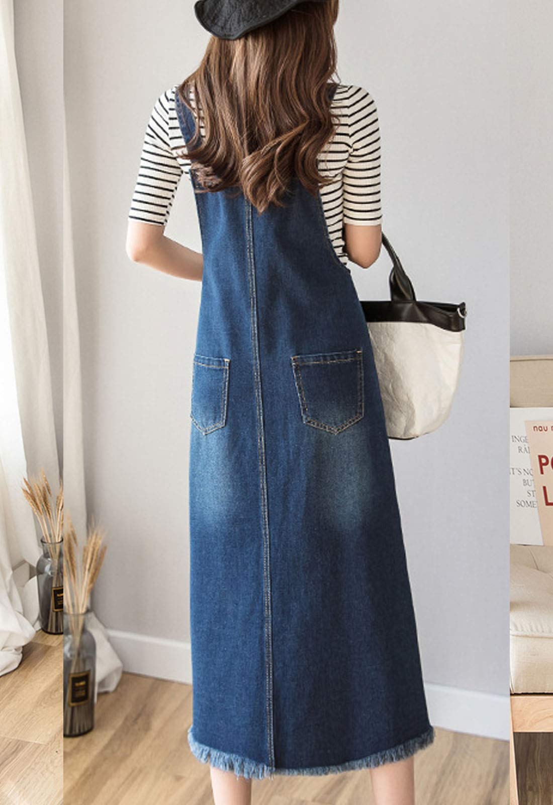 Flygo Women's Button Front Midi Long Denim Jumpsuit Overalls Pinafore Dress - Casual Vintage Style Outfit for Spring, Fall & Everyday Wear