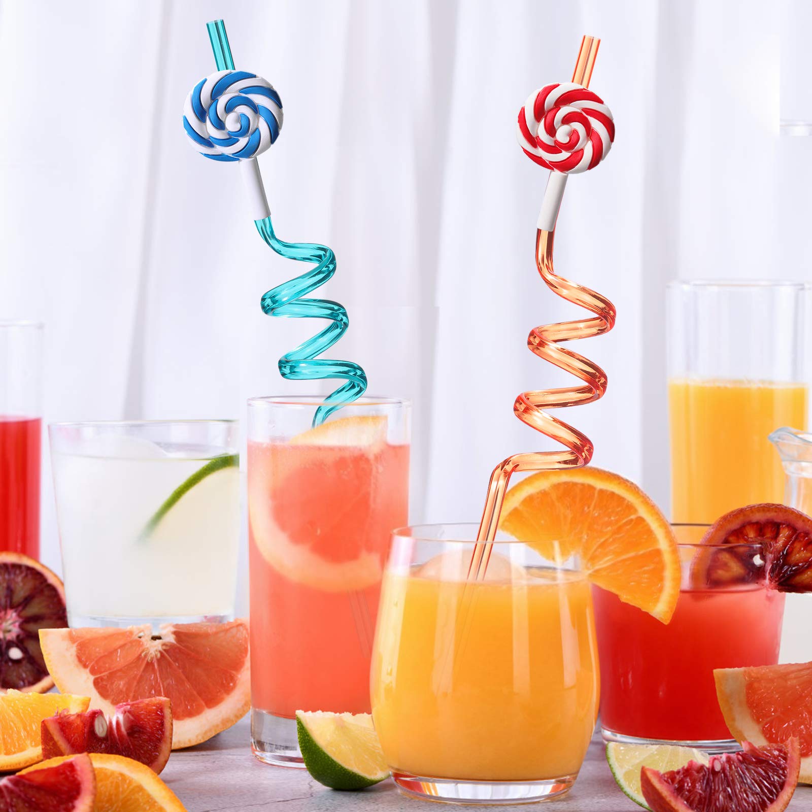 Colorful Reusable Plastic Drinking Straws for Kids - 24 Pack with 2 Cleaning Brushes | Candy Lollipop Theme Birthday Party Supplies, Baby Shower, Pool Party & Summer Celebrations