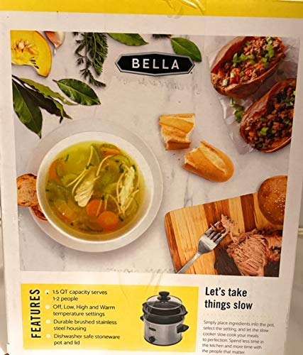 BELLA 1.5 Quart Slow Cooker Crock Pot - Stainless Steel Small Crockpot for Soups, Stews & Dips - Perfect for Dorm Rooms, Office Lunches & Family Meals (Model WJ-1500)