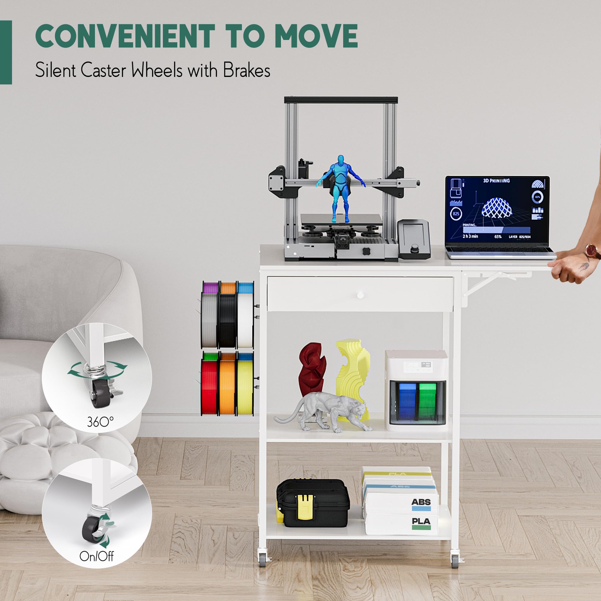 3D Printer Table with 40 Filament Storage - Rolling Workstation Desk Cart for 3D Printing | Perfect for Home Office, Studio & Workshop Organization
